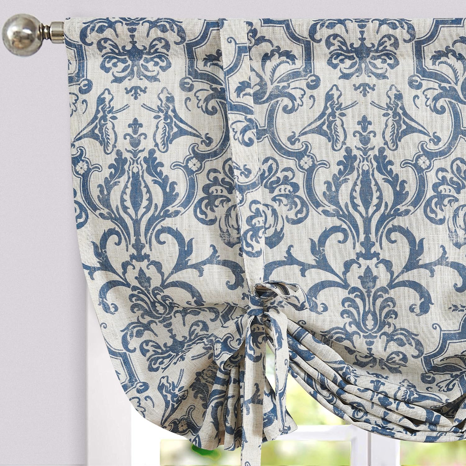 Photo 1 of jinchan Linen Tie Up Valance for Flax Floral Drapes Vintage Farmhouse Medallion Window Treatments Light Filtering Curtain for Living Room Laundry Cafe Rod Pocket 1 Panel 54 Inch Slate Blue