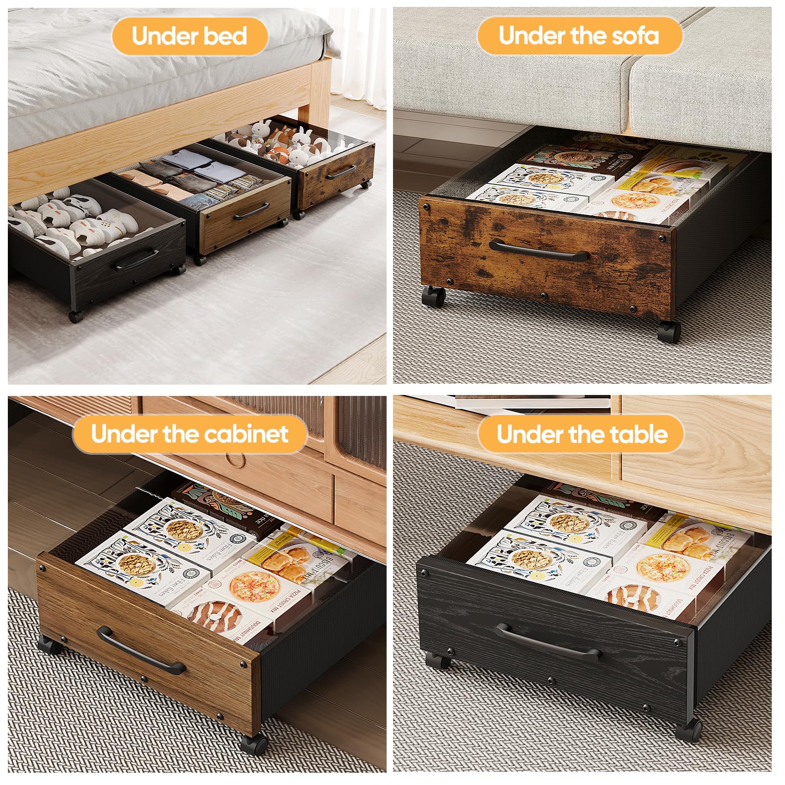 Holz-Bettkasten-Aufbewahrung mit Rädern, 80 L extra große Rollung unter dem Bett, 2er-Set mit abnehmbarem Deckel, verbesserte Metall-Bettkasten-Aufbewahrung für Kleidung (Vintage Braun-2er-Set)