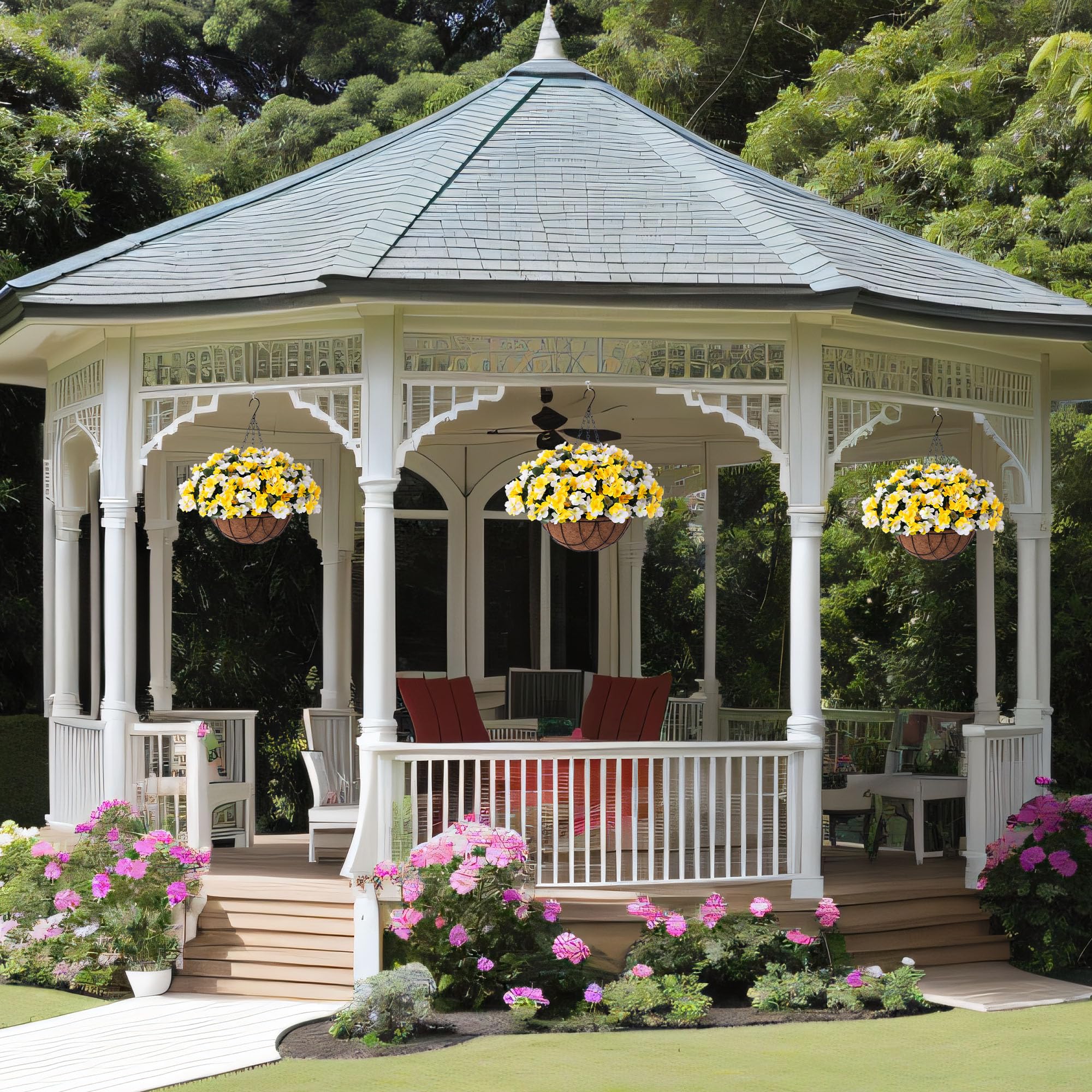 INXUGAO Artificial Hanging Flowers with 12" Basket for Outdoor Decor,Fake Hydrangea UV Resistant Arrangements in Pot Planter Spring Summer Decor for Indoor Porch Garden Yard(Yellow and White)