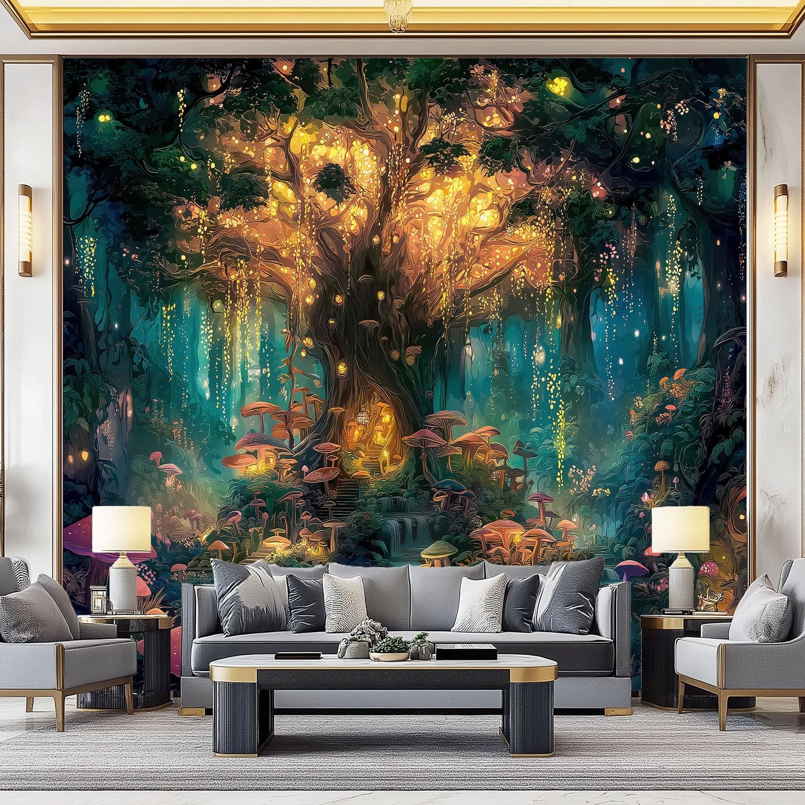 Fantasía Papel Pintado Panorámico - Bosque Encantado Plantas Mural Fotográfico Artístico 350 x 256 cm, Azul Oscuro Papel Pintado No Tejido Decoración De Pared Sala Oficina Salón Dormitorio