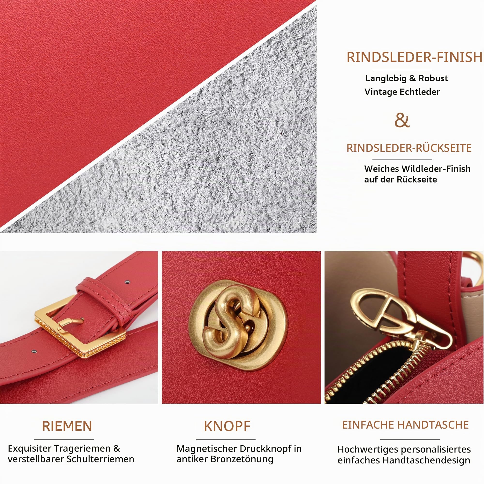 SADI Echtes Leder Handtasche Damen,Umhängetasche Damen, Modische Beuteltasche Handtasche mit Abnehmbares Riemen