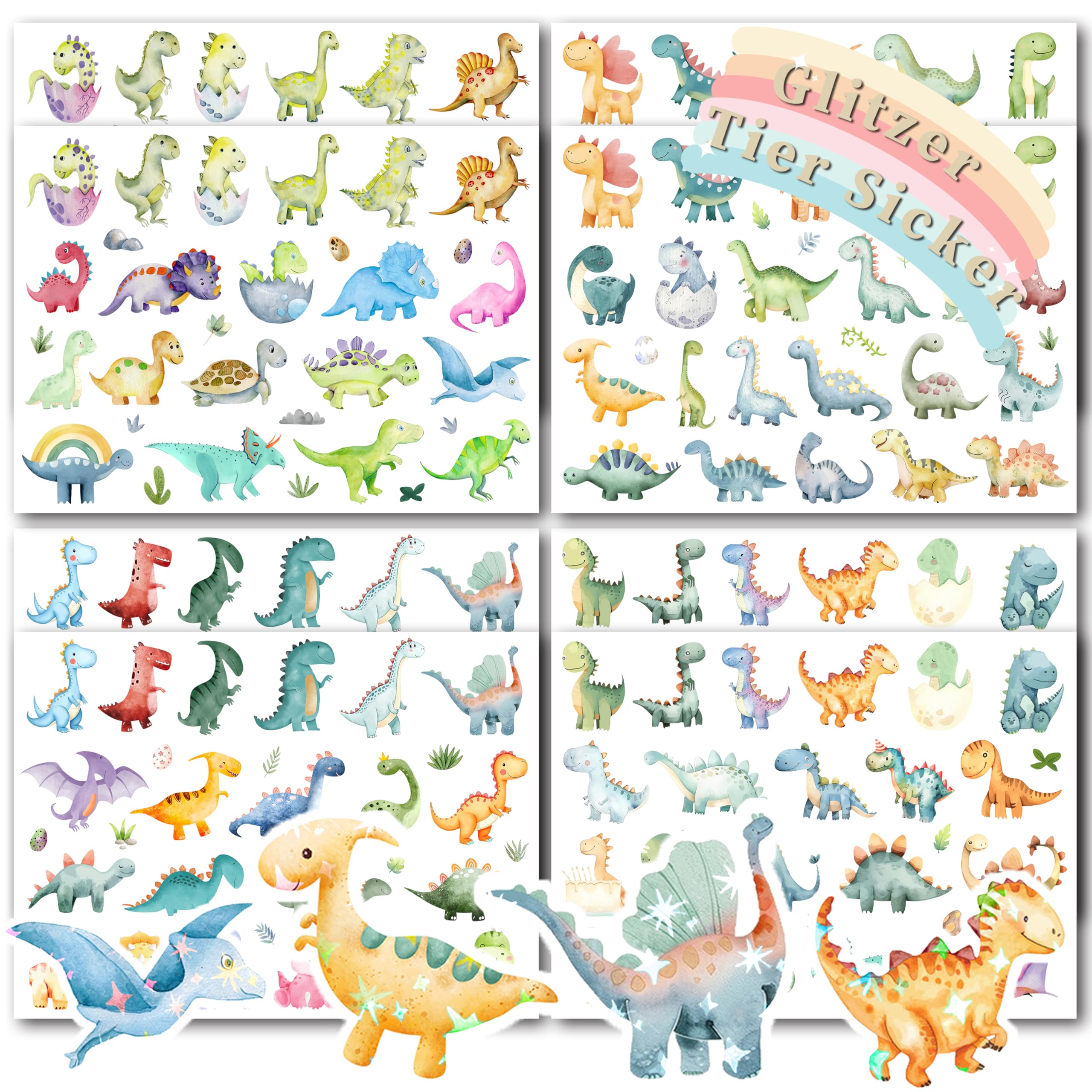 FloraVigo 8pcs Tier Glitzer Sticker mit Glitzereffekt Über 294 Motiv Glitzersticker Aufkleber Holografische Tiere Waldtiere für Kinder Mädchen Scrapbooking Fotoalbum Geschenke (Dinosaurier)