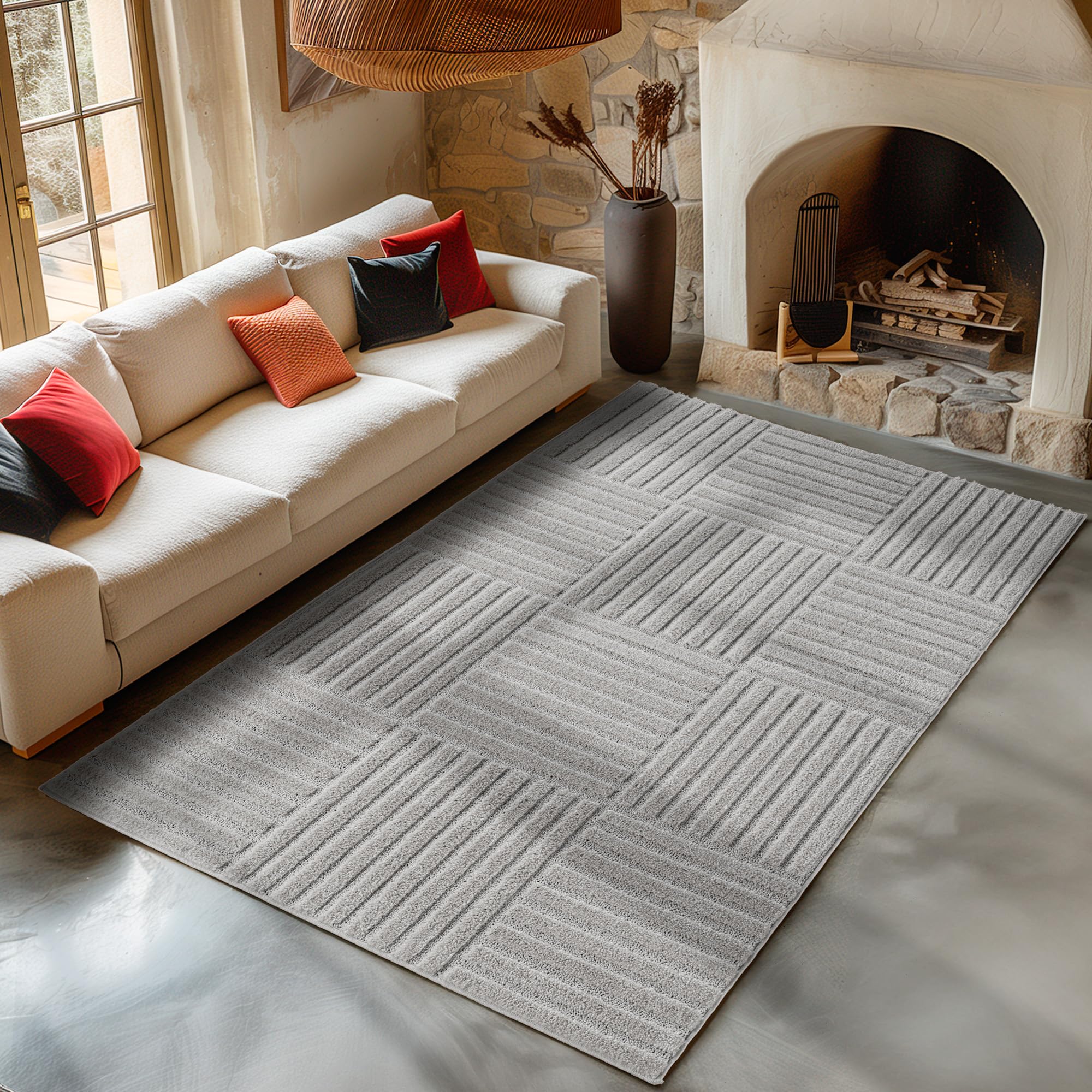 Carpetsale24 Wohnzimmer Teppich Hochflor Skandi Boho Karo Muster Hoch-Tief Struktur Shaggy Langflor Weich Flauschig Strapazierfähig Pflegeleicht Modern für Schlafzimmer
