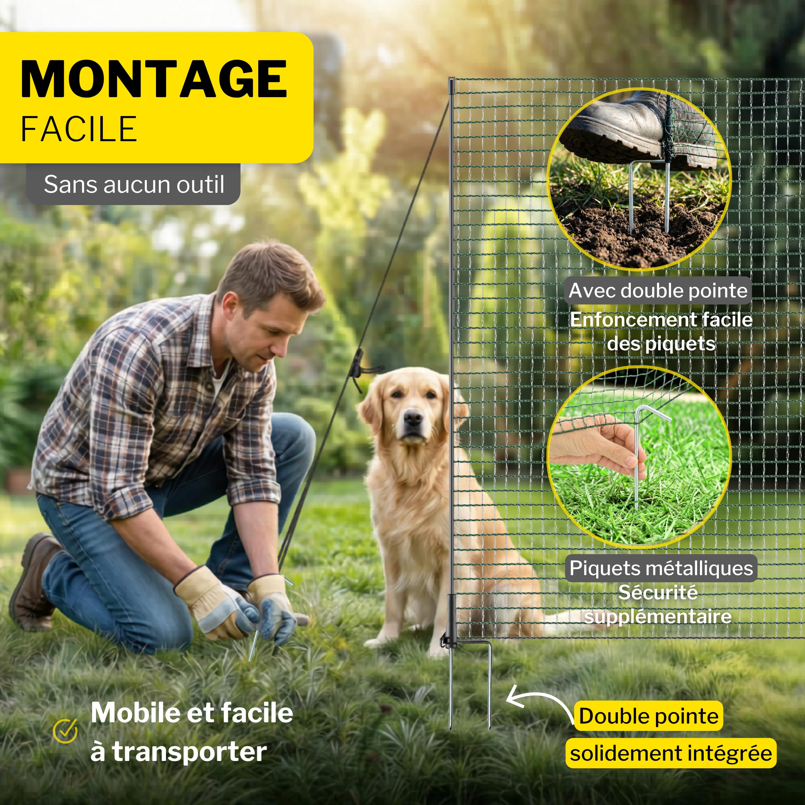 horizont Clôture pour Chien - 50 m x 90 cm - 30 piquets à Double Pointe - Maille étroite - Clôture de délimitation Fix - Clôture de Jardin à Clipser - Clôture Mobile pour Chiens et Camping | Clôture de délimitation FIX, clôture de jardin à emboîter, clôtu