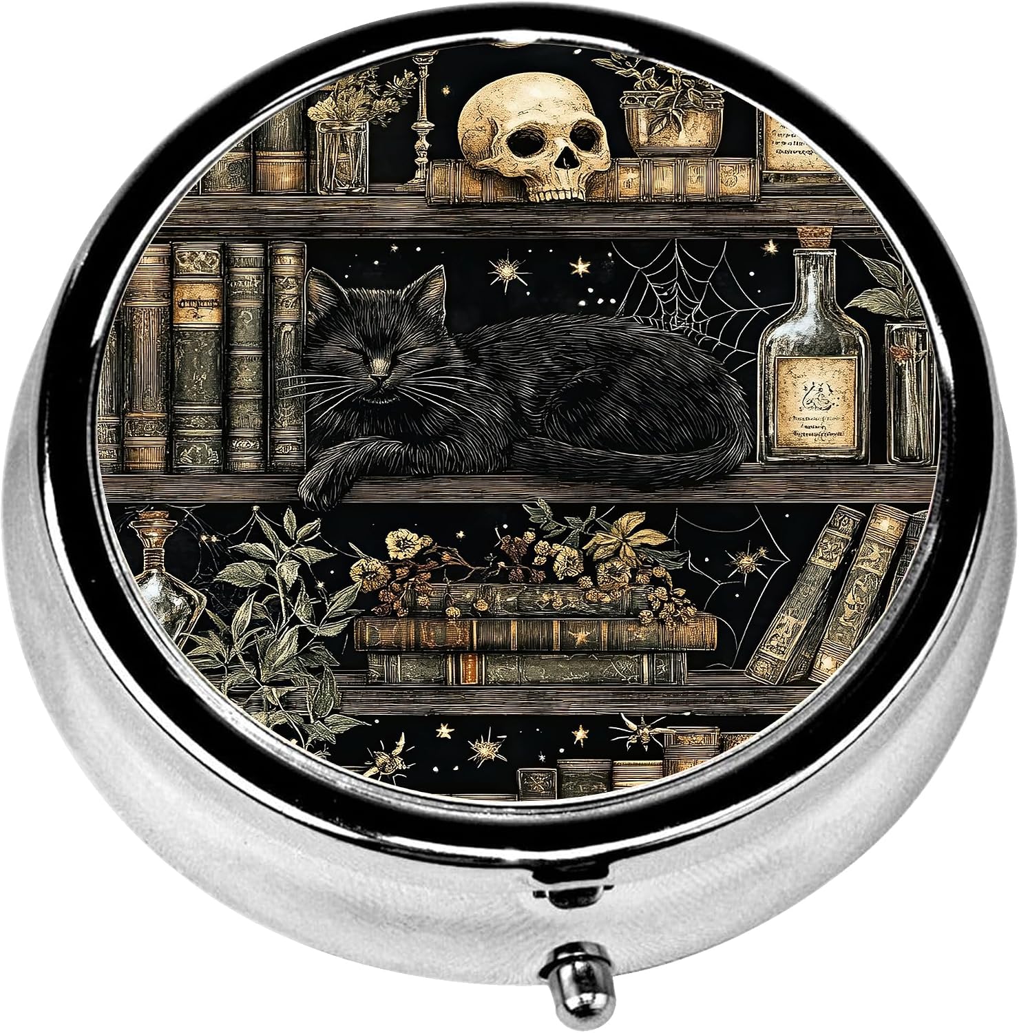 Pill Box, 3 Compartments Small Skull Pill Case Travel Portable Metal Medicine Box with Mirror Mini Container for Purse Pocket Women Men(Bookshelf Cat)