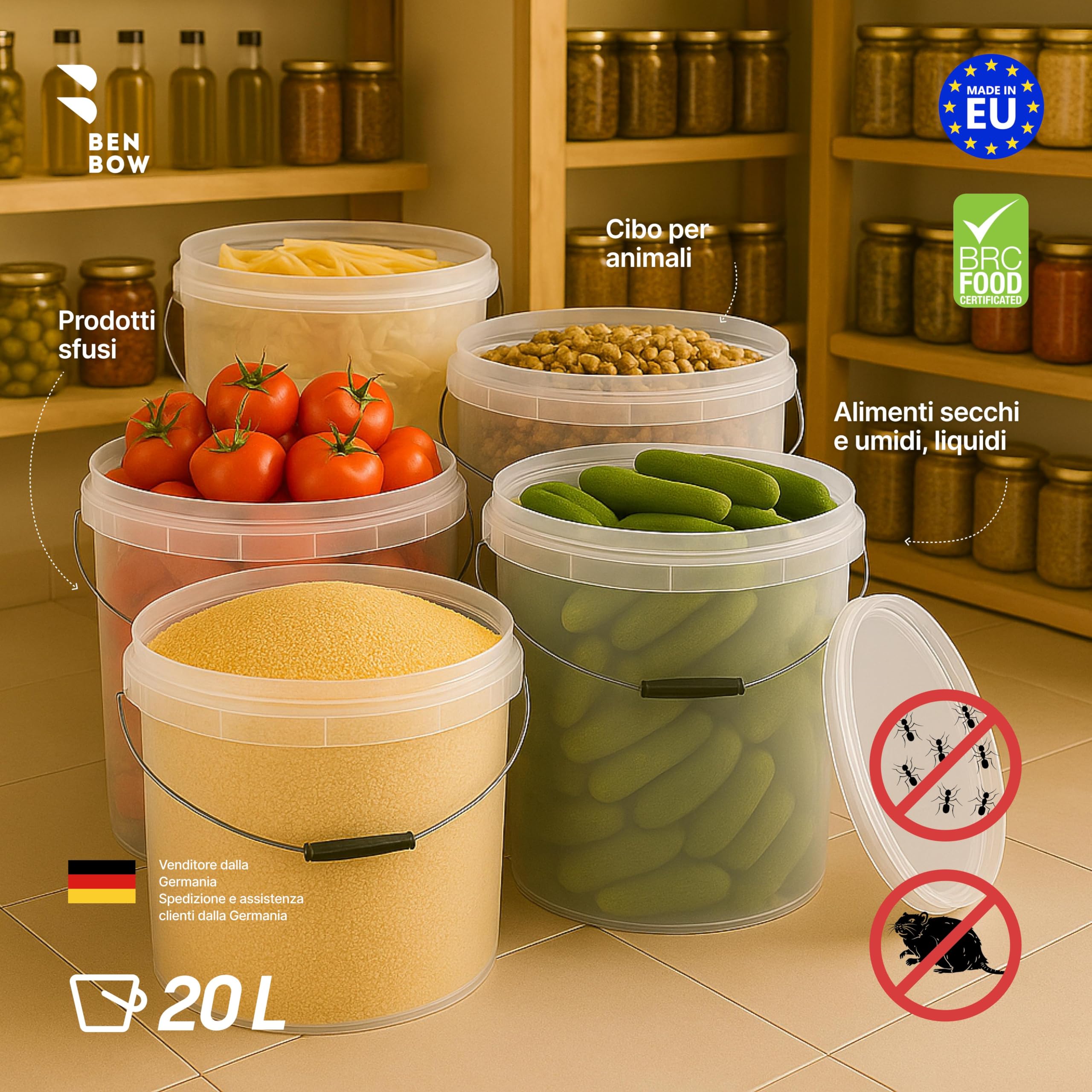 BenBow Secchio con coperchio 20l trasparente 100x 20 litri - sicuro per gli alimenti, stabile, ermetico, a prova di perdite - contenitore per la conservazione in plastica, con manico in metallo -vuoto