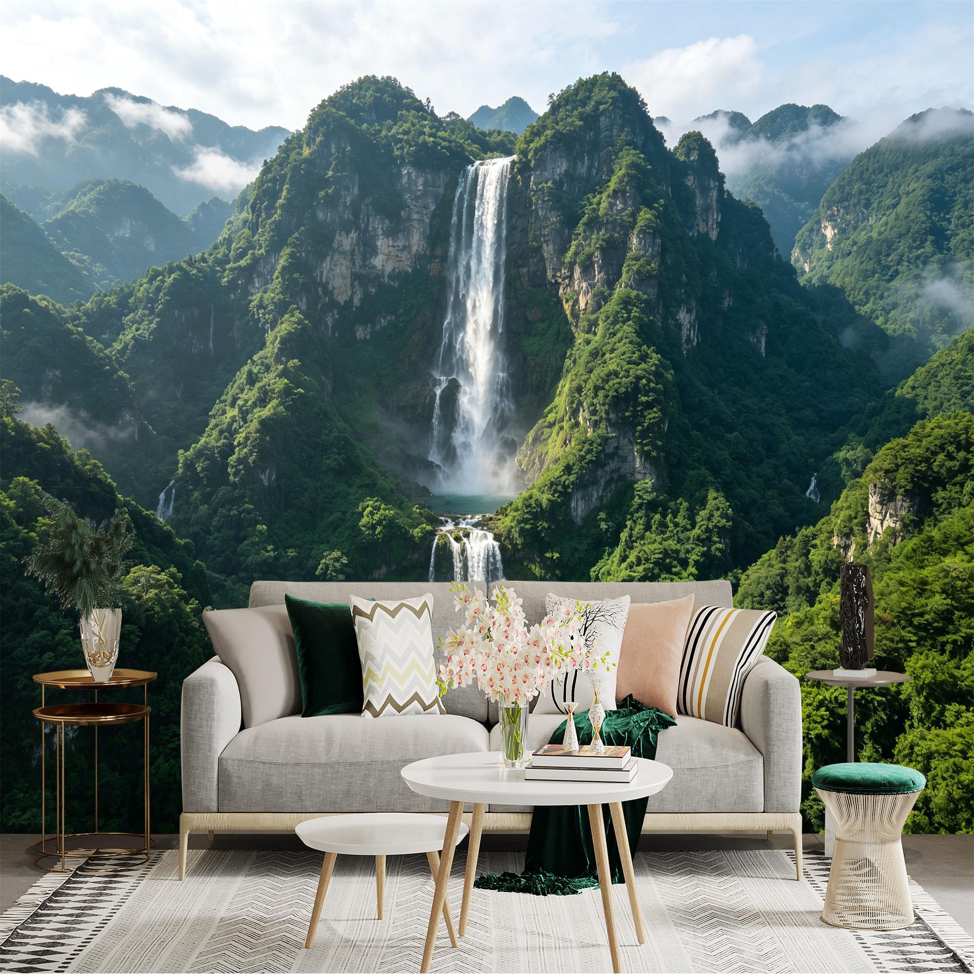 Custom Size Wall Sticker Mural， Tropical Waterfall， Majestic Mountain Cliffs， Misty Lush Forest， Turquoise Pond， for wall Decoration， peelandstick wall Decals.