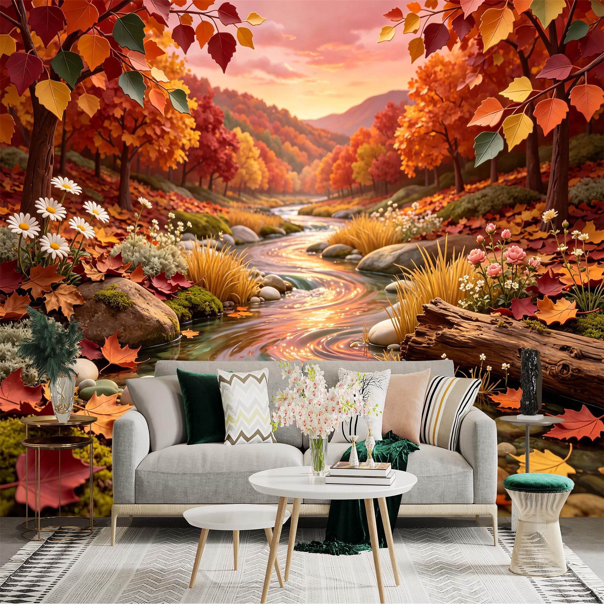 Lnzczhyre Bh260719596 Custom Size Wall Sticker Mural， Autumn Landscape With Flowing River， Vibrant Foliage， Serene Forest Scene， For Wall Decoration， Peelandstick Wall Decals.