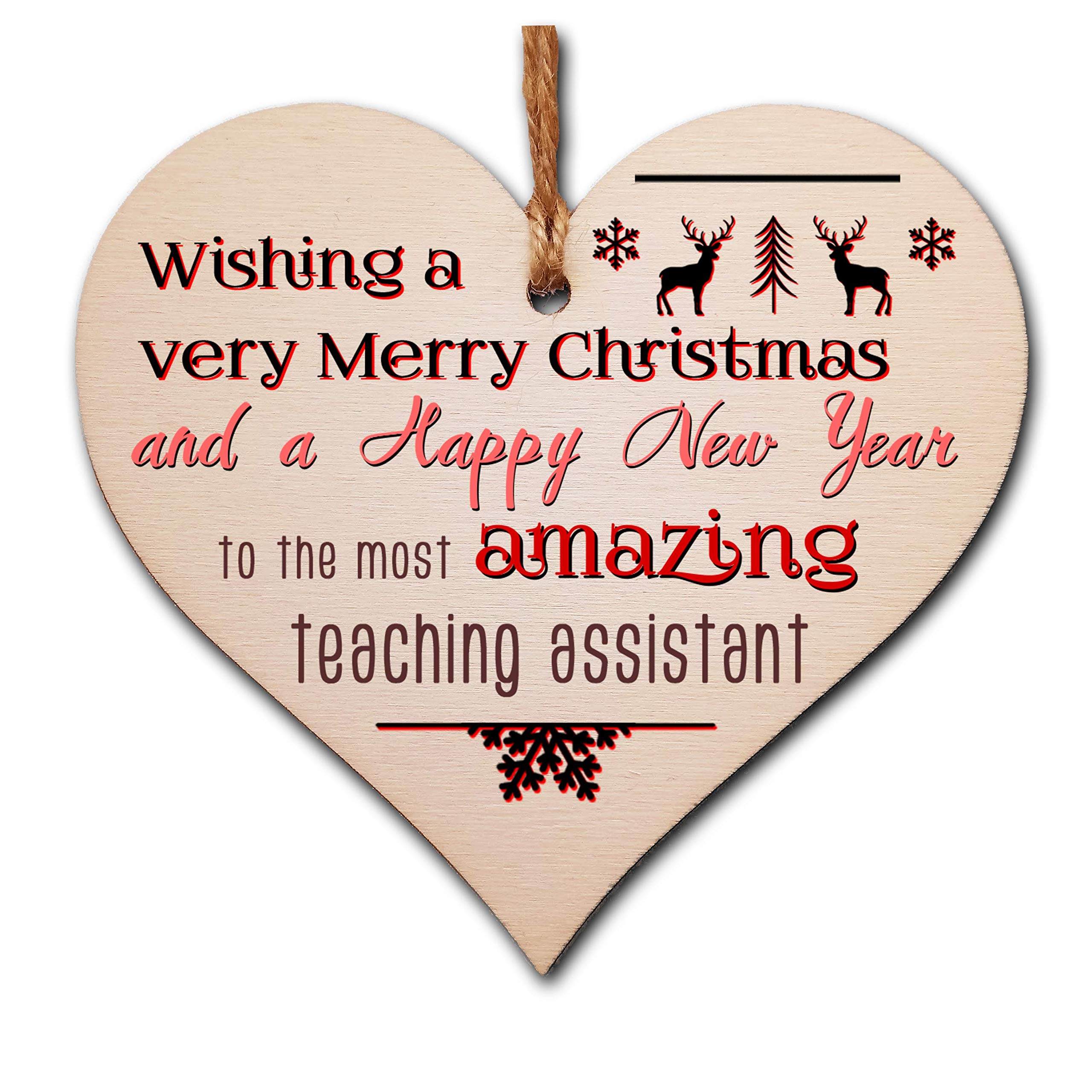 The Plum Penguin Handmade Wooden Christmas Hanging Heart Plaque Gift Wishing Merry Xmas and happy new year to most amazing teaching assistant card alternative funky wording