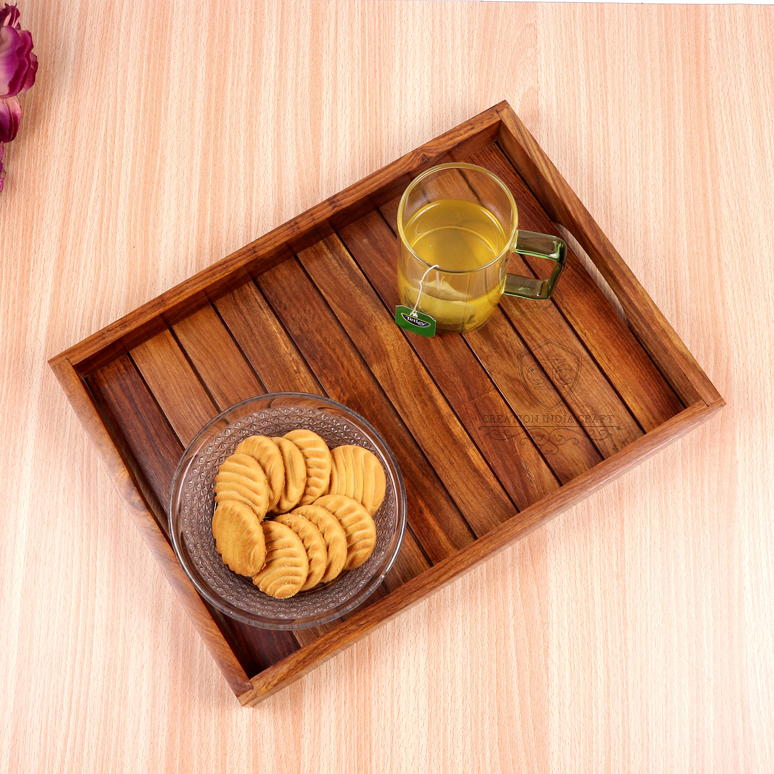 Creation India Craft Sheesham Wood Serving Trays for Dining Table Rectangle Shape Tray for Breakfast Coffee Serving Tray Table Decor, Gifts, Pack of 1 Large