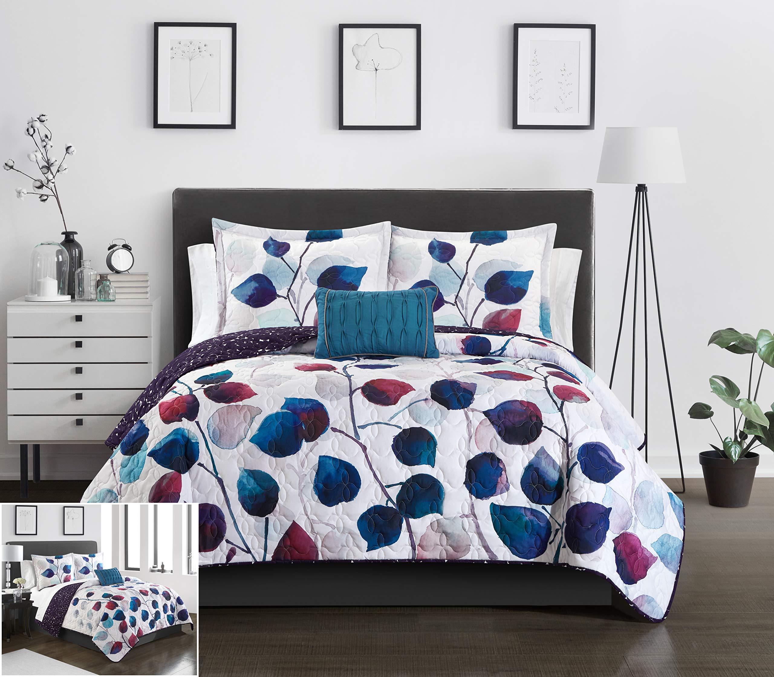 Chic HomeAlecto 4 Piece Reversible Quilt Set Contemporary Watercolor Floral Theme Design Bedding-Decorative Pillow Shams Included, King, Multi Color