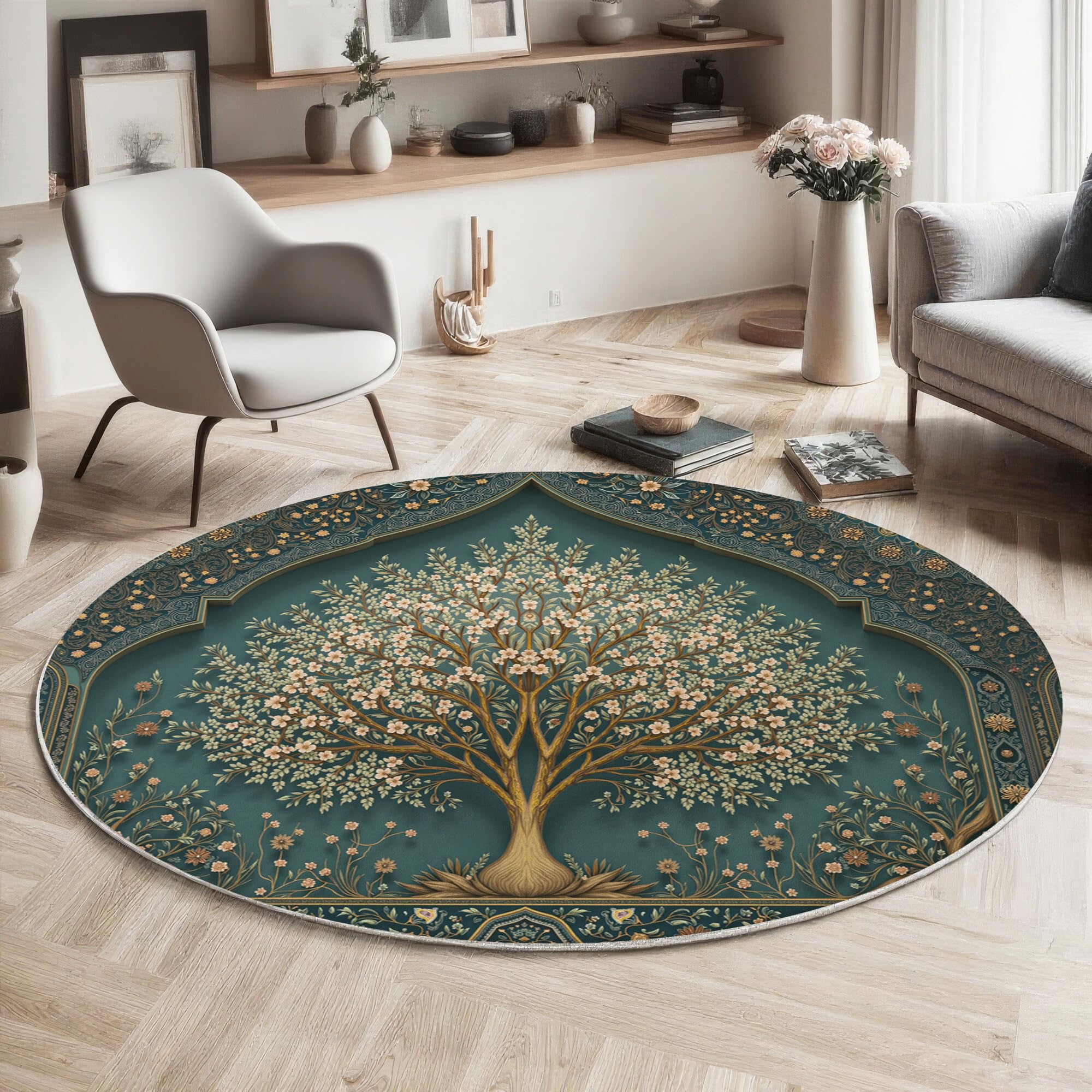 GDJSMIN Round Area Rug 180cm Soft Circle Carpet Rug Short Pile Non Slip Washable Plant Tree Pattern Floor Round Rugs for Living Room Bedroom(Emerald Green Traditional Persian Pattern)
