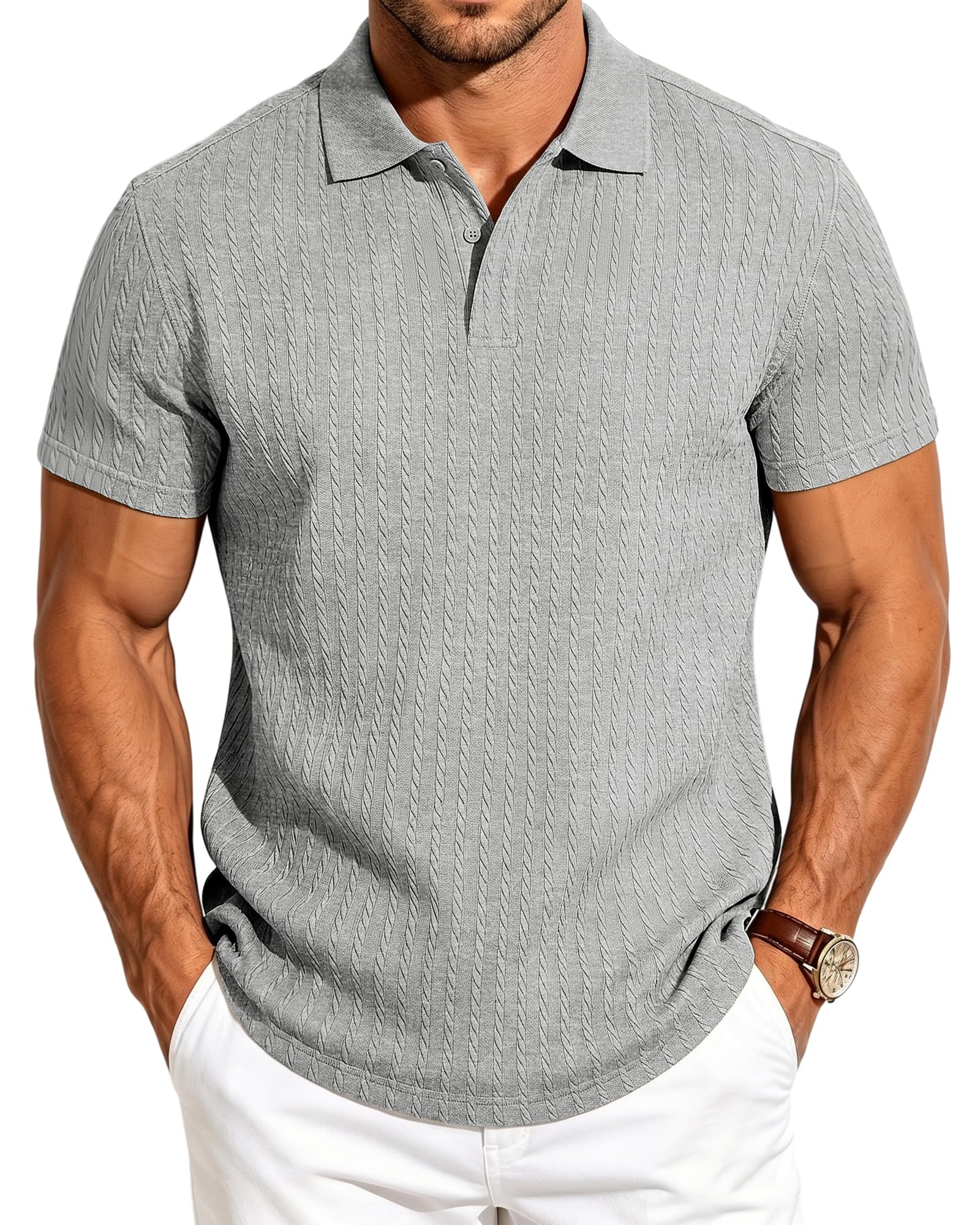 Mens Quarter Zip Polo Shirts Casual Summer Knit Textured Short Sleeve Shirt Beach Vacation Stretchy Golf Shirts