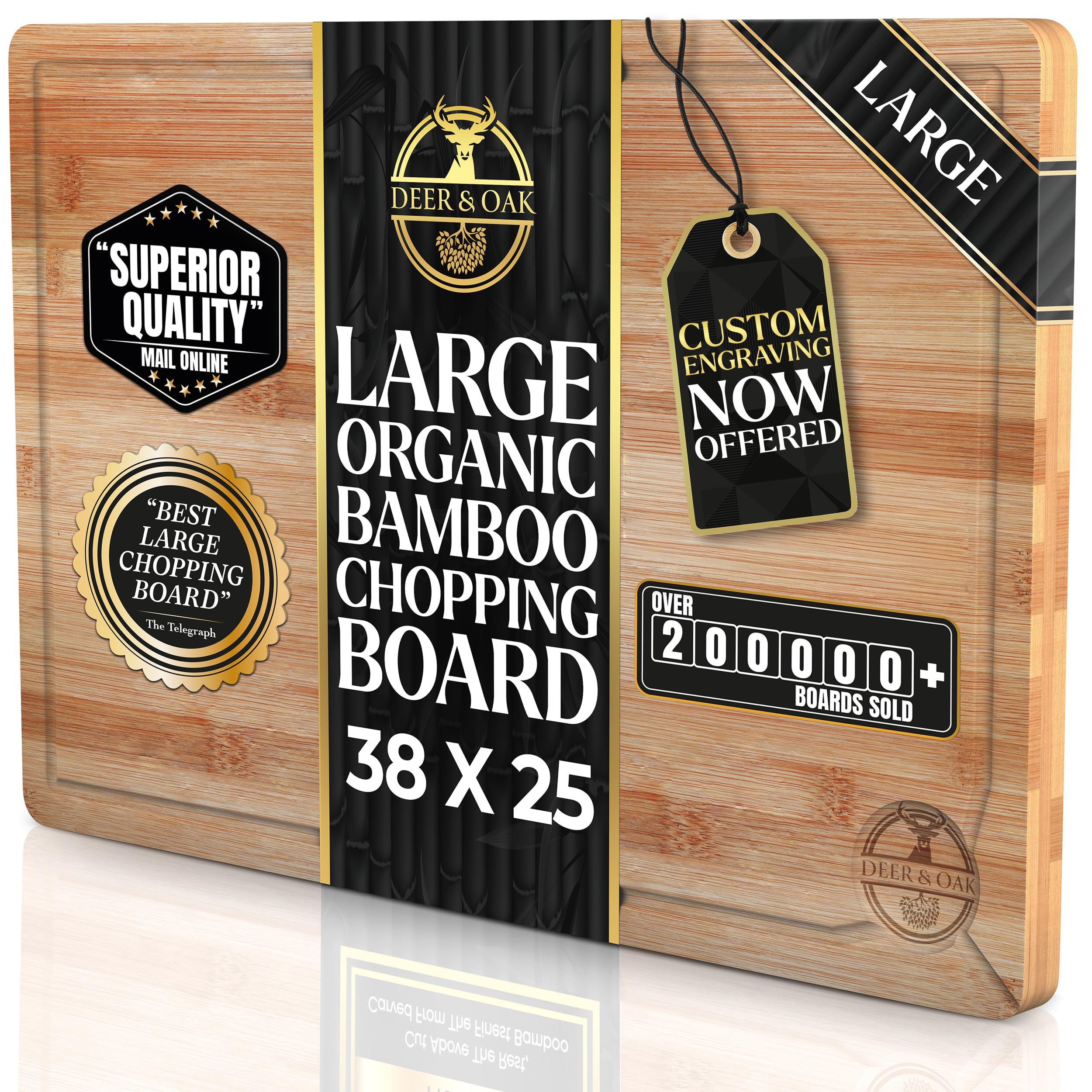 Deer & Oak Large Cutting Board 38 x 25 x 2cm, Pre-Oiled Wooden Bamboo Chopping Board for Carving Meat, Fish, Vegetables, Fruits, Cheese, Bread