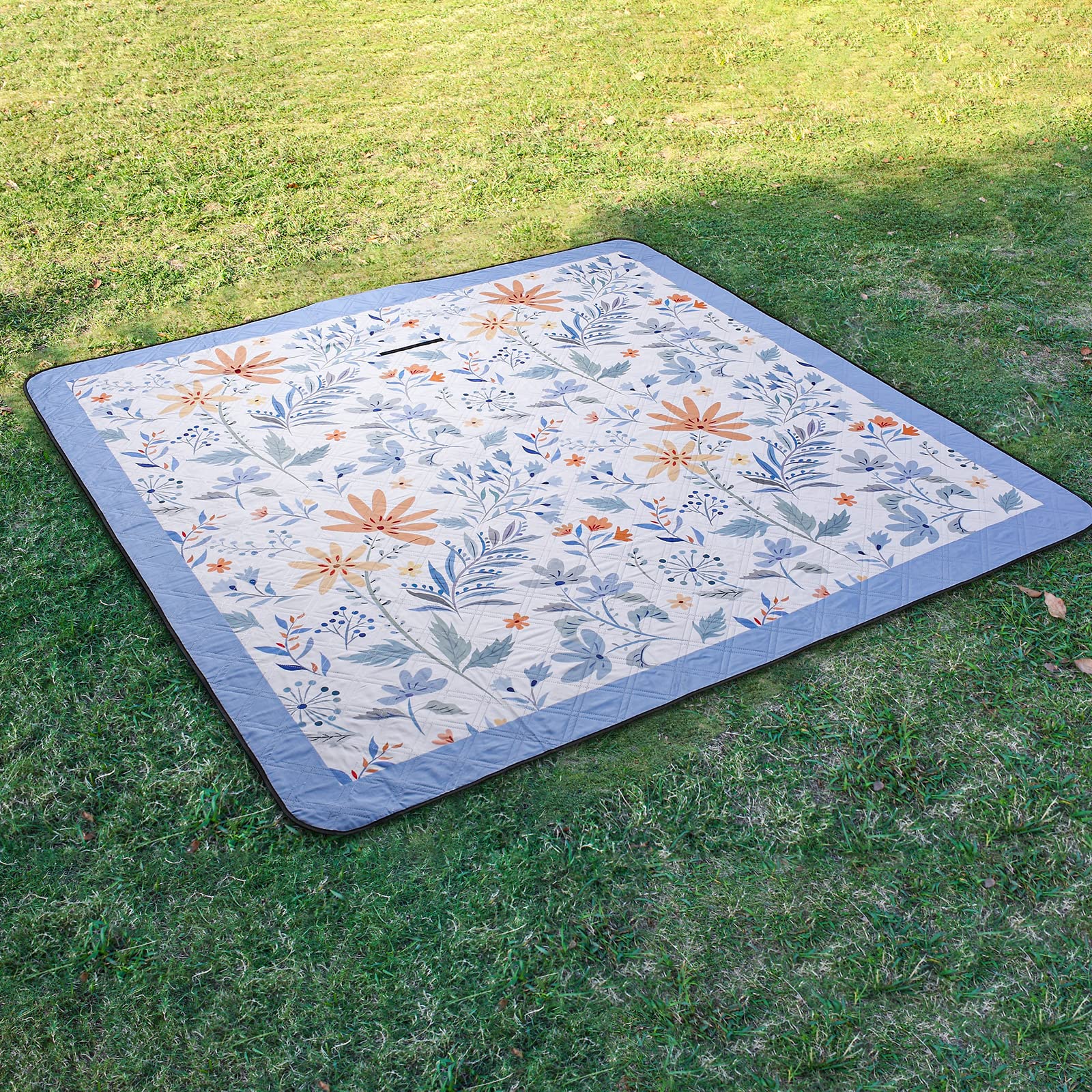 DEWUR Couverture de Pique-Nique imperméable Lavable Couverture de Plage Sandfrei XXL Couverture de Camping Tapis de Plage isolé avec Dessous imperméable (Blanc avec des Fleurs, 200 x 200 cm)