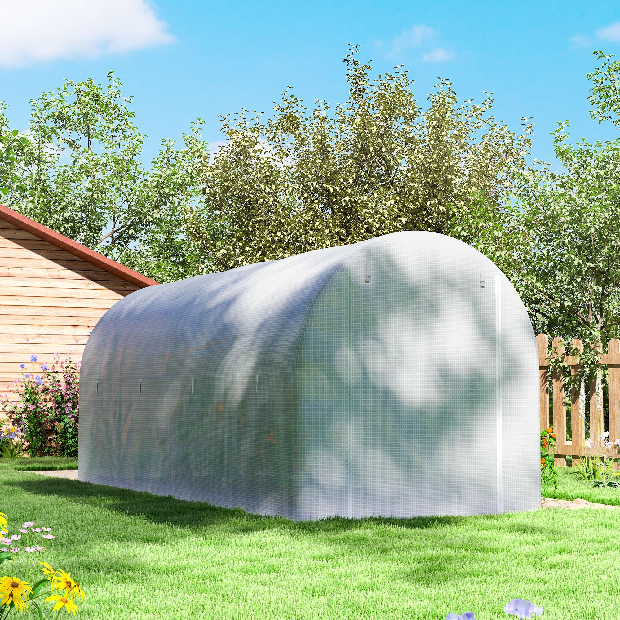 Outsunny Invernadero de Túnel 500x200x205 cm Invernadero de Jardín con Puerta Enrollable y 8 Ventanas Cubierta PE 140 g/m² Marco de Metal para Cultivo Plantas Verduras Blanco