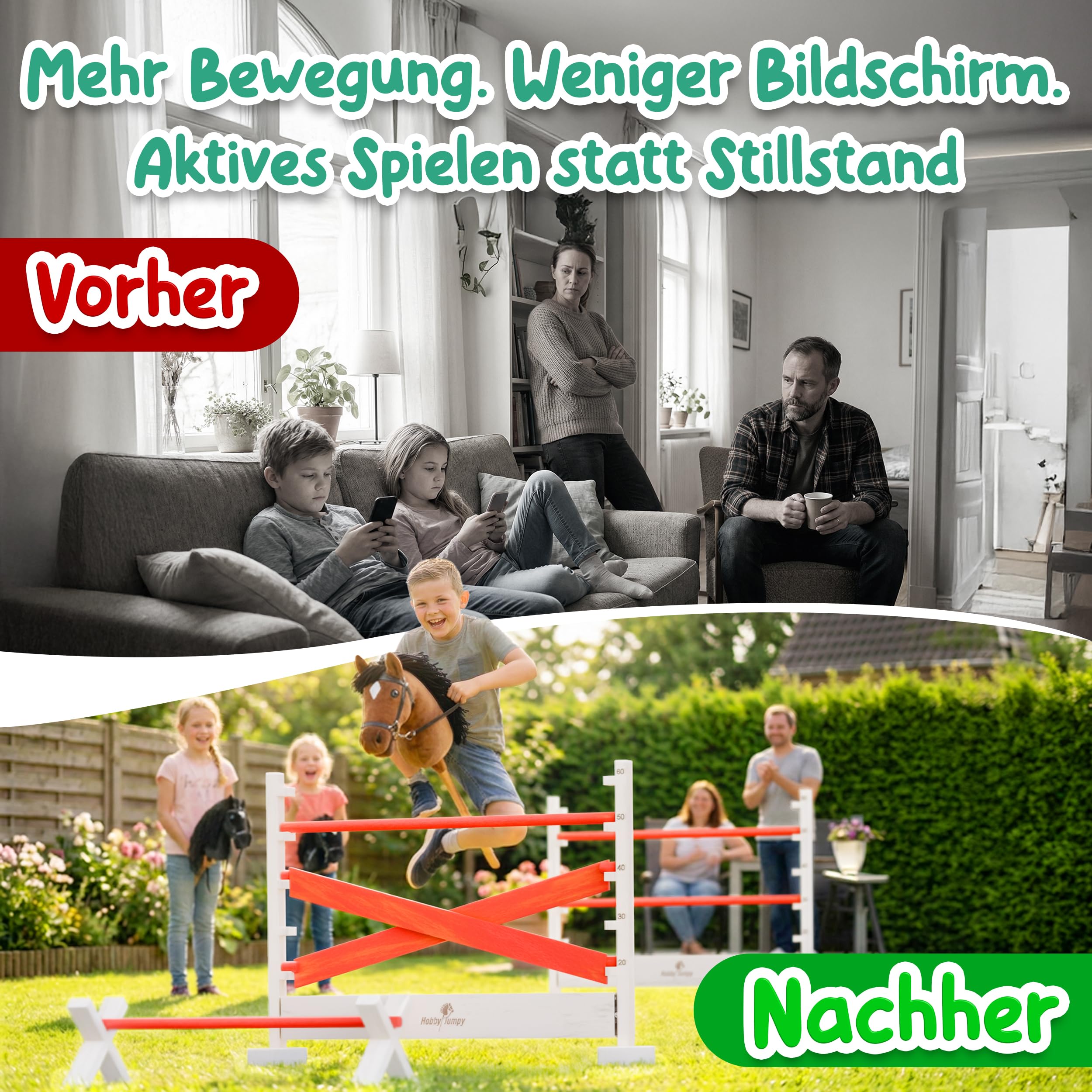 Hobby Horse Hindernisse Set höhenverstellbar – Magnet-Stecksystem massives Holz/Hobby Horsing/Hürden & Cavaletti für Kinder 3er-Set farbig