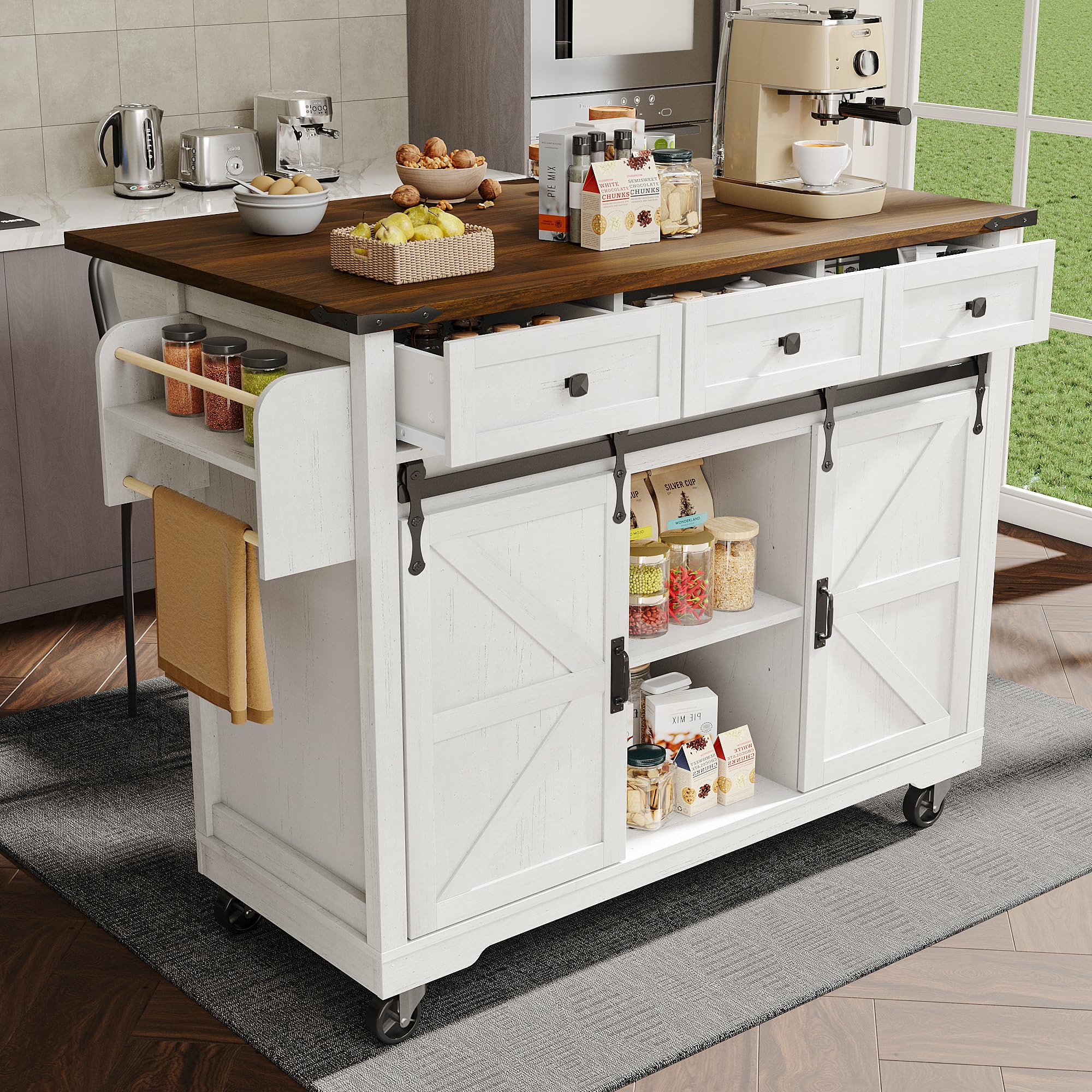 Ymkua Küchenwagen, Kücheninsel Küchenschrank, Speisewagen Anrichte auf Rollen, Esswagen Anrichte mit 2 Türen und 3 Schubladen, Buffetschrank mit Ausziehbarer Arbeitsplatte für Esszimmer, Küche, Beige