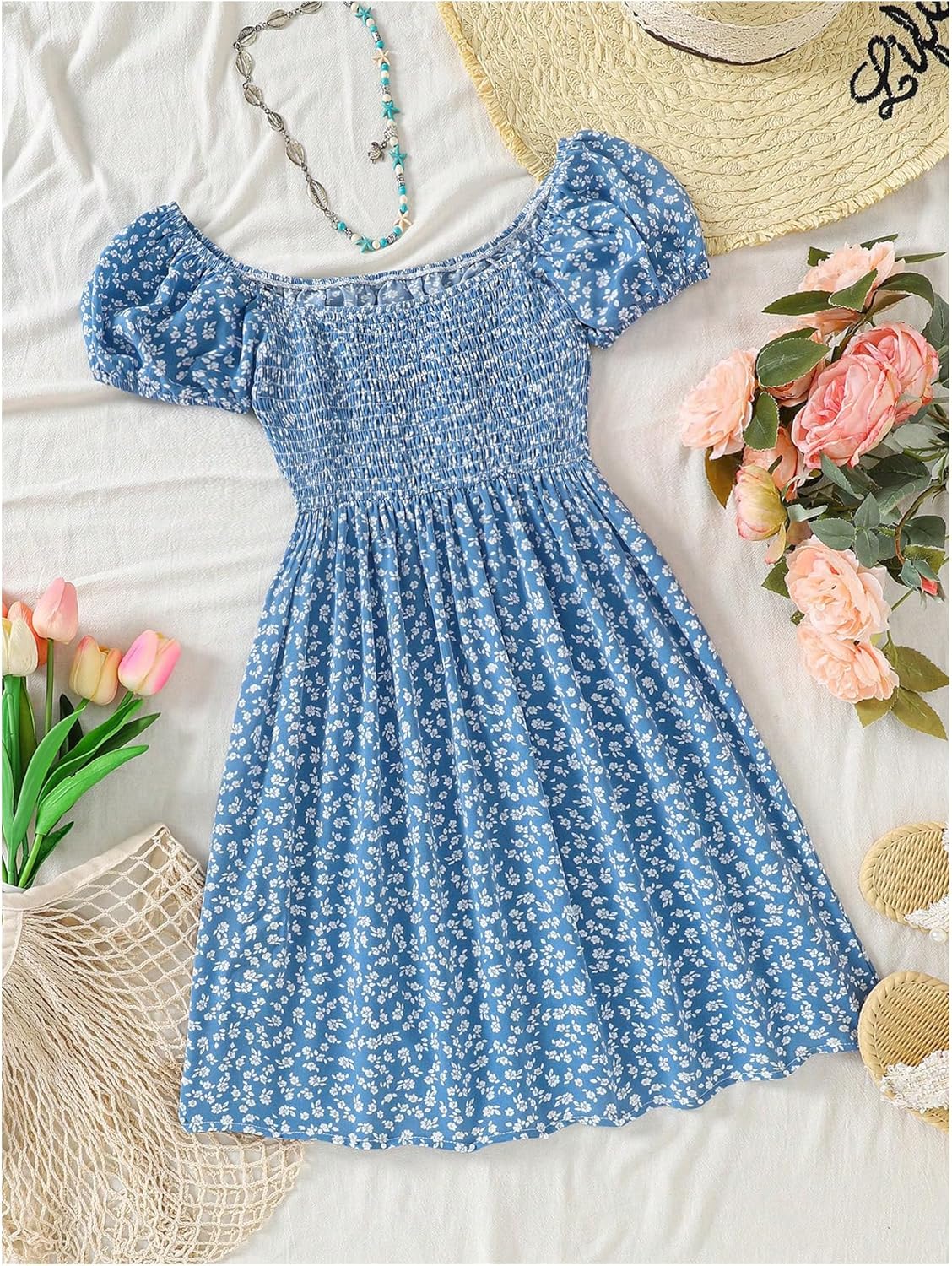 Verdusa Girl's Boho Floral Puff Sleeve A Line Dress Summer Shirred Slit Vacation Dresses - Image 5