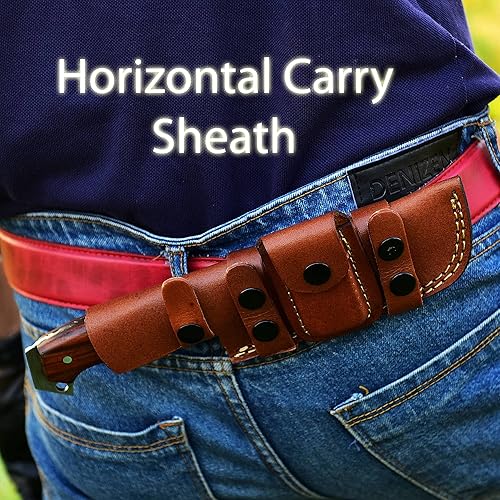 Miniatura 6 de Cuchillo de caza con funda de cuero  Gancho intestinal hecho a mano, cuchillo de acero de Damasco de espiga completa  Cuchillo de hoja fija