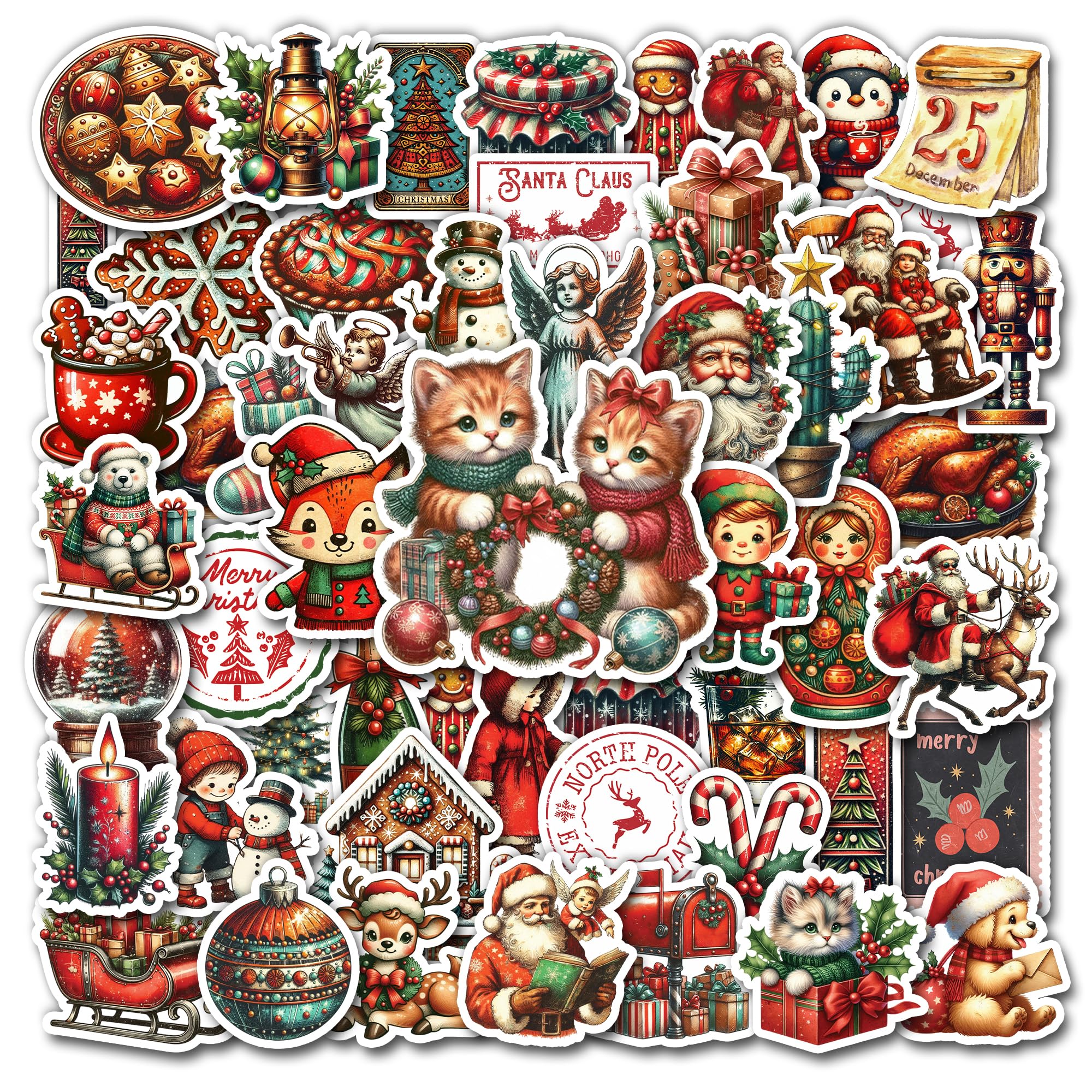 Pack 50 PCS Vintage Christmas Stickers Vsco Santa Claus Snowman Sticker Waterproof Vinyl Decals Gift Holiday for Kids Teens Adults Decor Laptop Water Bottle Cards Journals