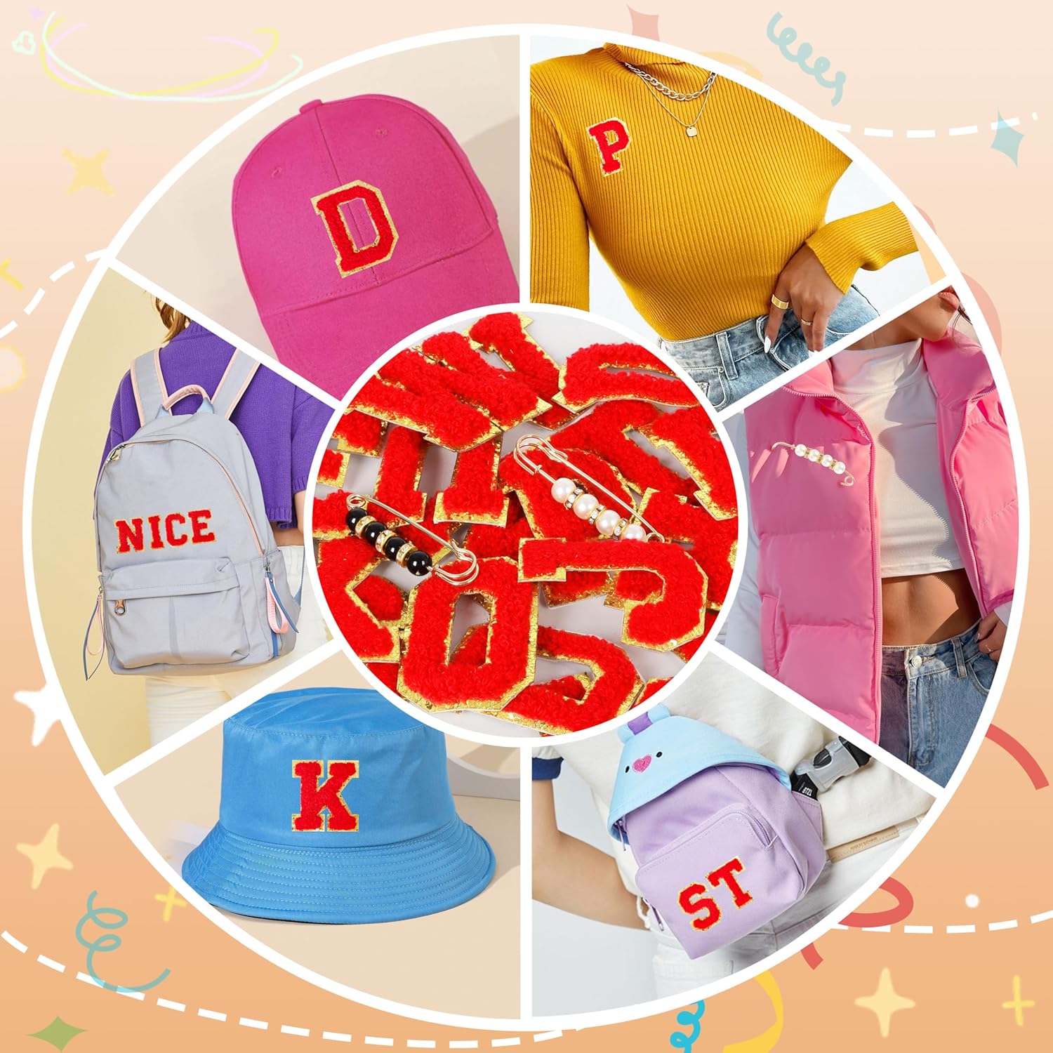 Chenille Letter Patches Self-Adhesive for Bags: NICEVINYL Red 52Pcs Varsity Letters Stick on Patch with Pins for Fabric - Preppy Embroidered Sticker Patches for Clothing Hats Jackets - Image 8