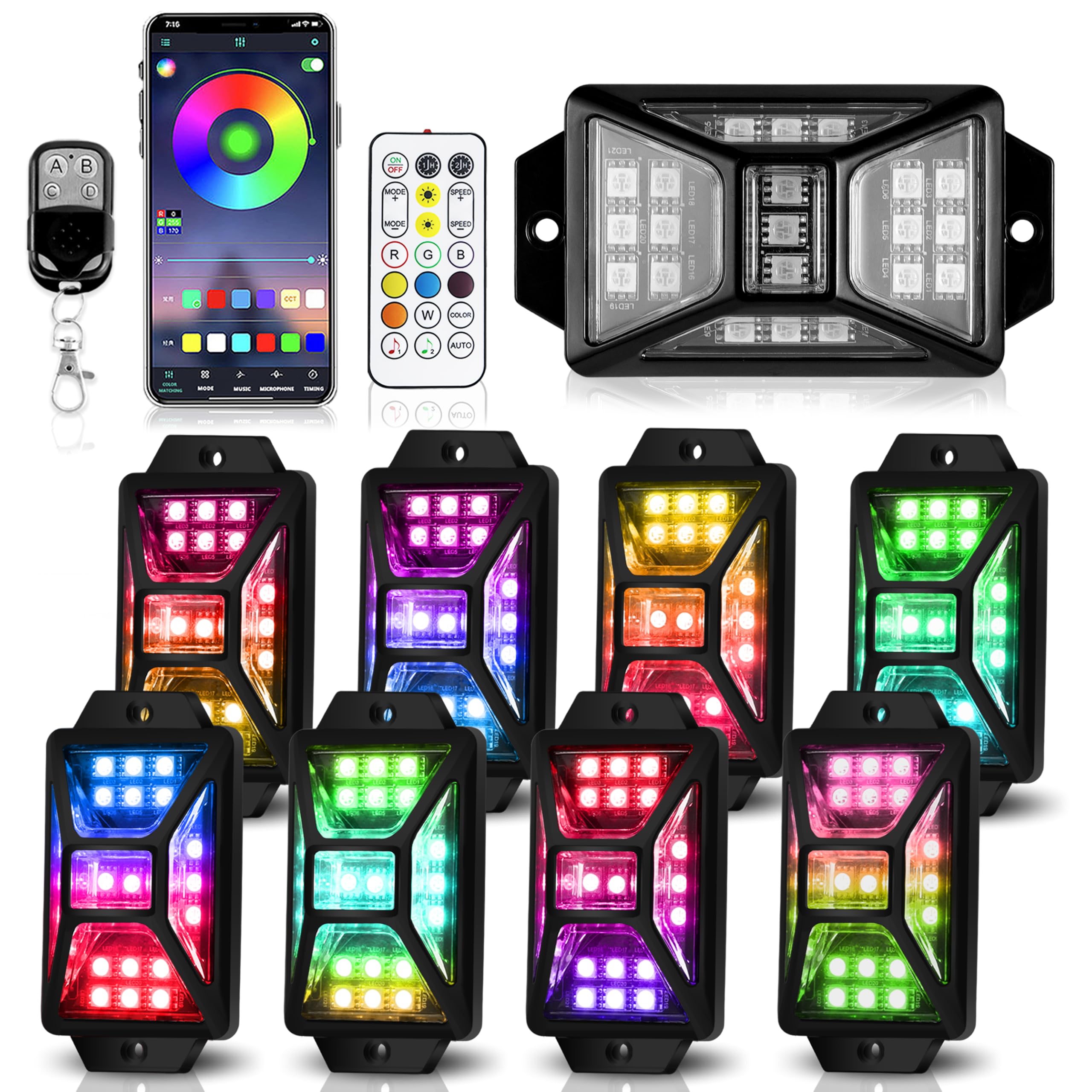 8 Pods Full Angle RGB Rock Lights Compatible with 12V Trucks Jeep UTV SUV ATV Boat Golf Cart, Waterproof, Multi-Color,Brake Light, App/Remote Control Led Rock Lights with Music Mode