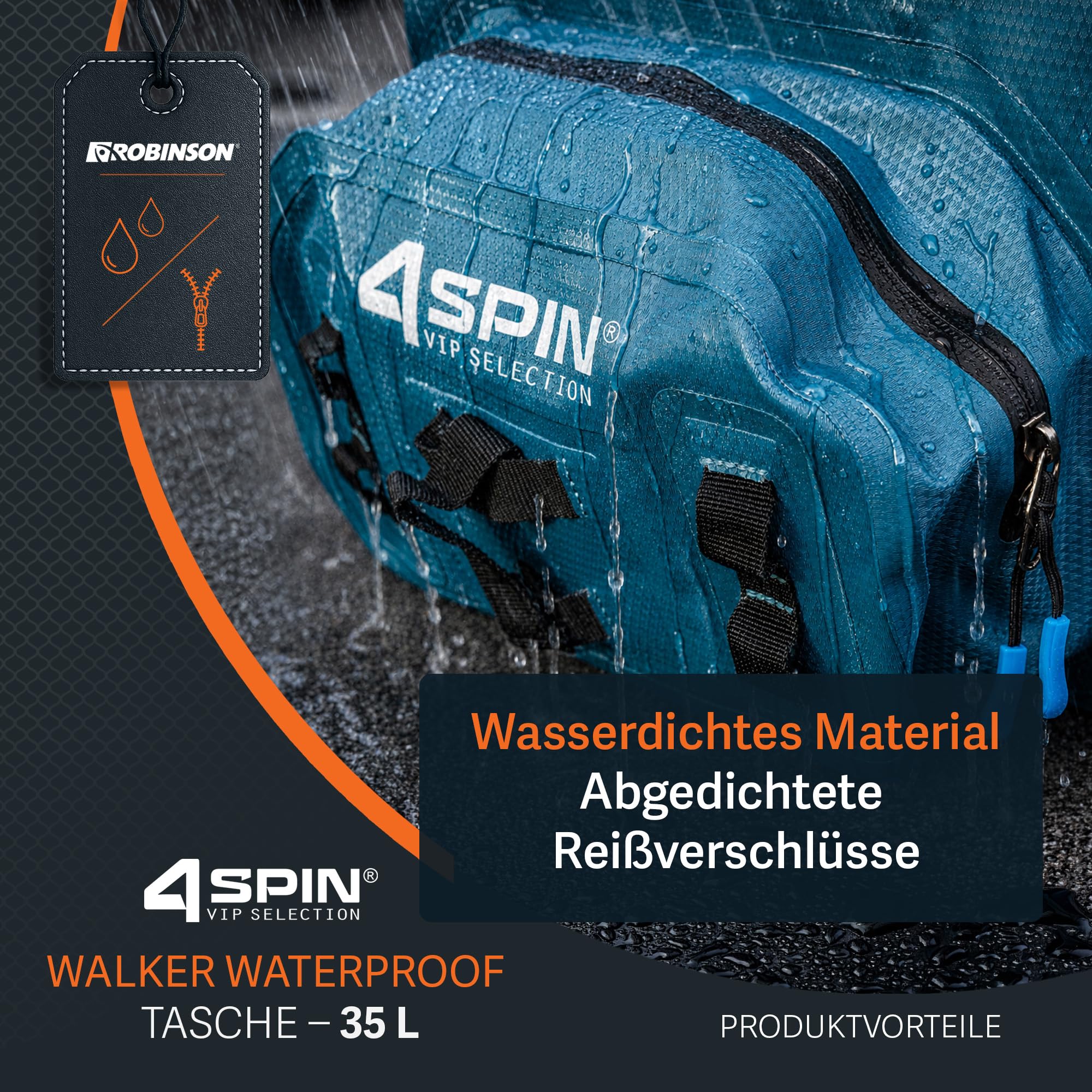 Robinson wasserdichte Angeltasche - Leichter Angelrucksack mit Rutenhalter, 100% versiegelt, viele Befestigungspunkte, robust, ideal zum Spinnfischen & Watangeln - Walker 4Spin
