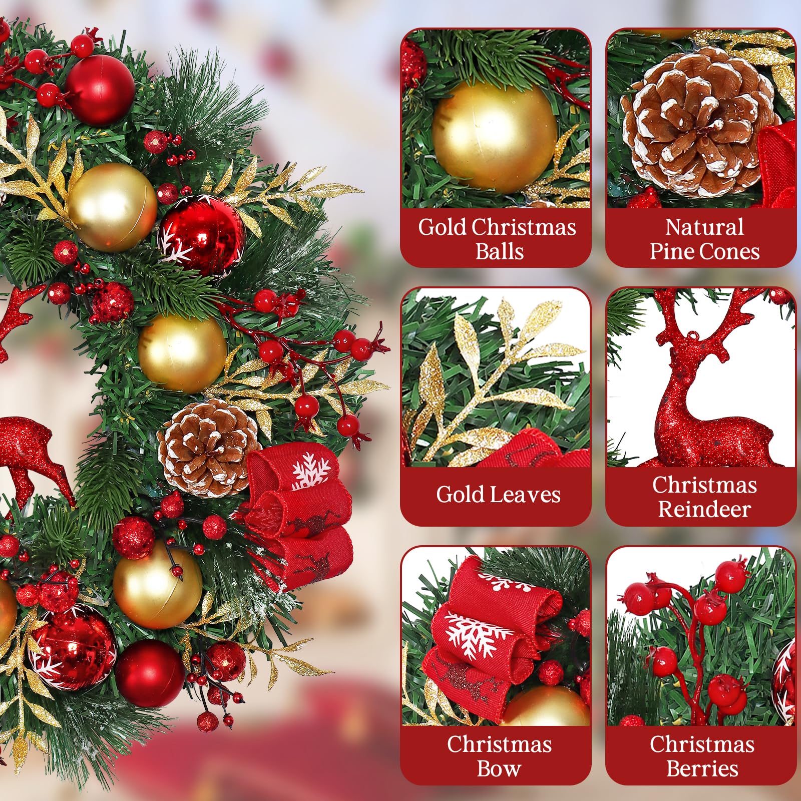 Dremisland Rot Rentier Weihnachtskranz für Haustür 44cm Künstliche Tannenkranz Adventskranz Türkranz Weihnachten Außen Ball Türschmuck Beerenhaufen Grün Weihnachtsdeko Innen Außen Wand Wohnkultur
