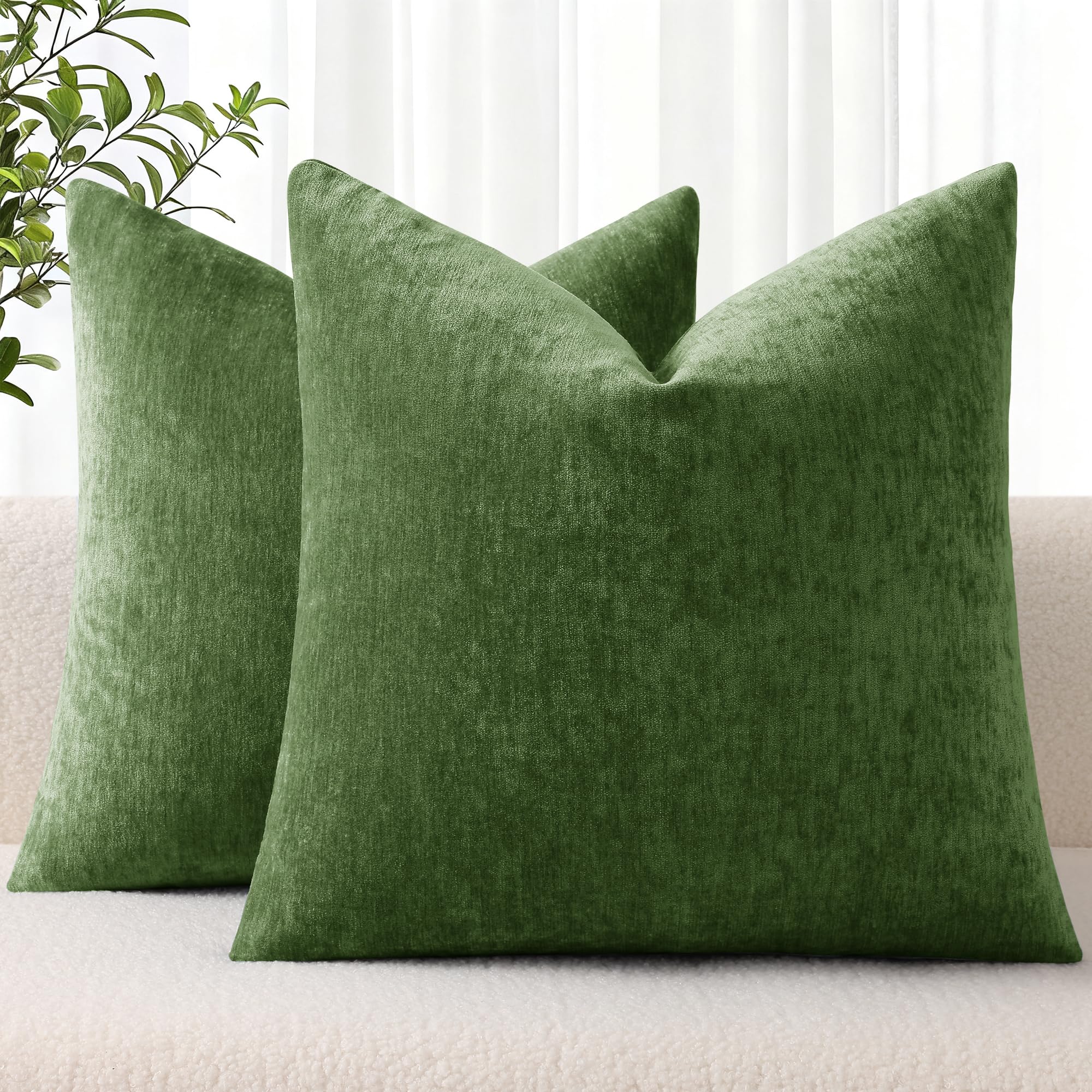 decorUhome Chenille Moss Green Spring Throw Pillow Covers 18x18 Inch Set of 2, Decorative Soft Couch Pillow Covers Solid Dyed Accent Farmhouse Neutral Square Pillow Cases for Sofa