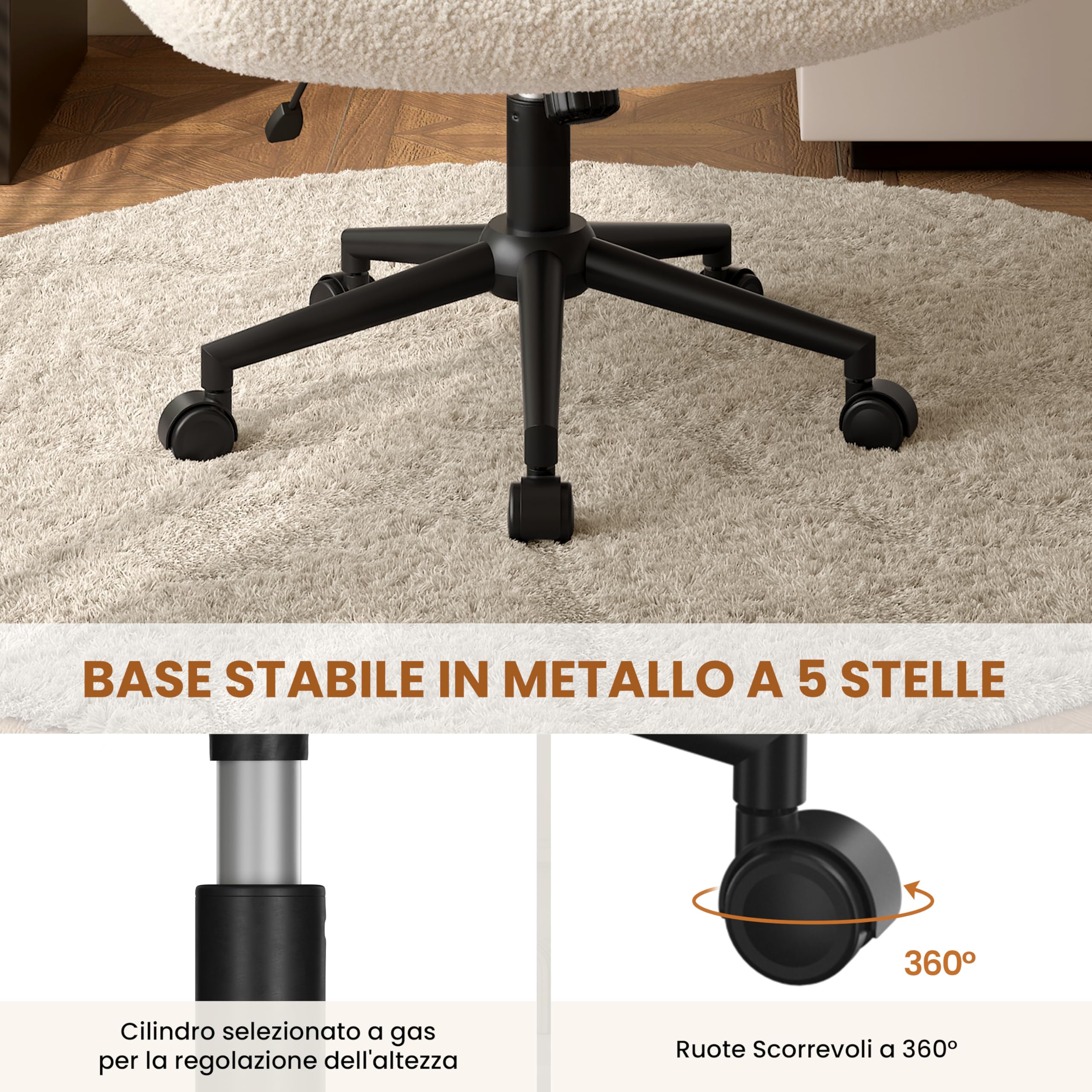 Yaheetech Sedia Ufficio Scrivania Girevole con Ruote Senza Braccioli in Tessuto Schienale Reclinabile con Ampio Cuscino Altezza Regolabile, per Studio Camera, Avorio