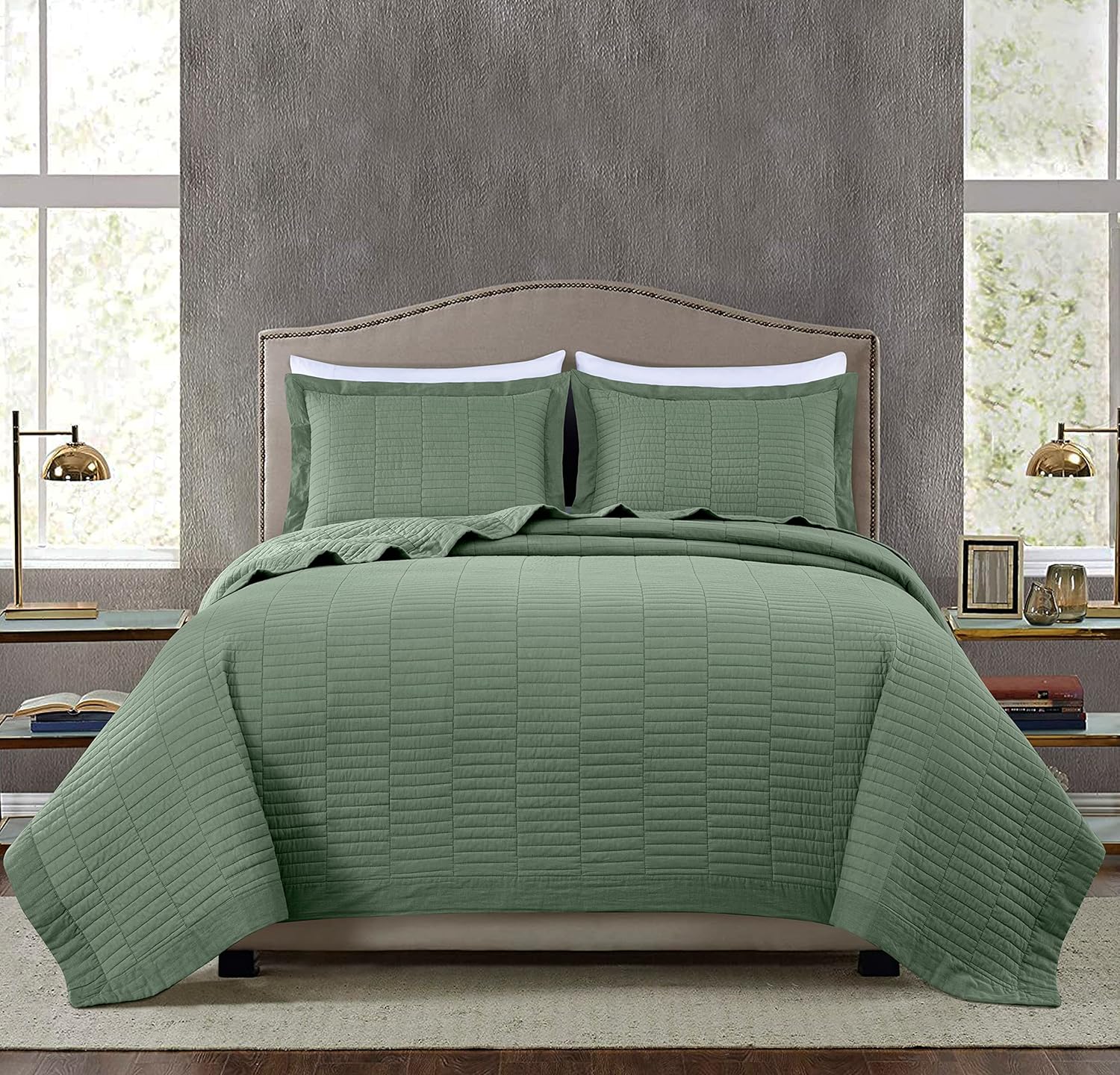 Chezmoi Collection Yuma 3-Piece 100% Cotton Quilt Set King Size, Sage - Modern Geometric Rectangle Box Quilted Lightweight Vintage Washed Cotton Reversible Bedspread Set for All Season King Rectangle Sage