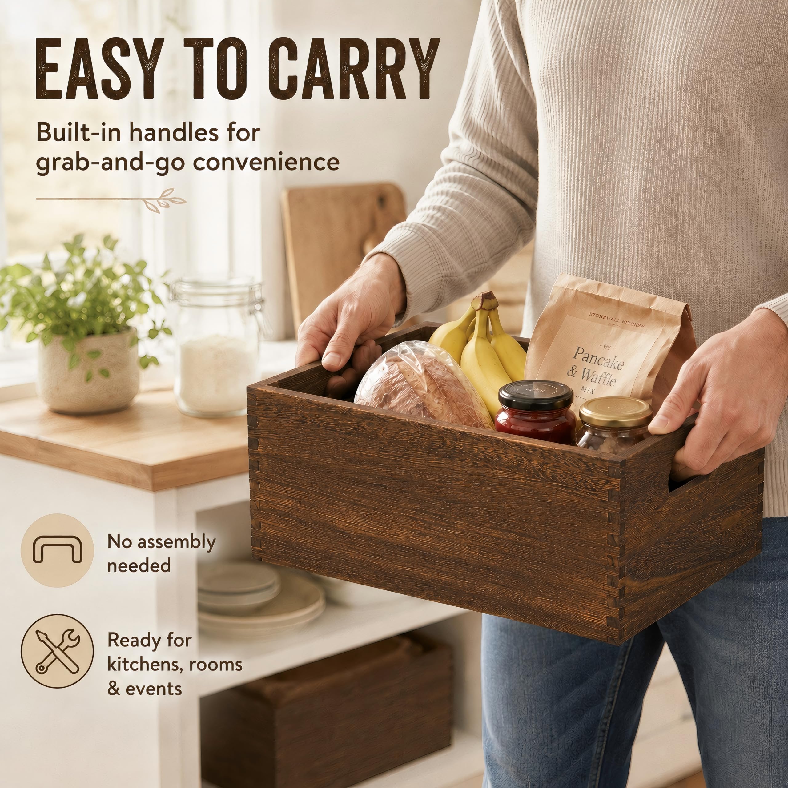 Cajas de madera para exhibición, paquete de 5 cestas de madera rústicas extragrandes con asa, caja de madera de granja para almacenamiento y contenedor, cesta de madera multiusos para