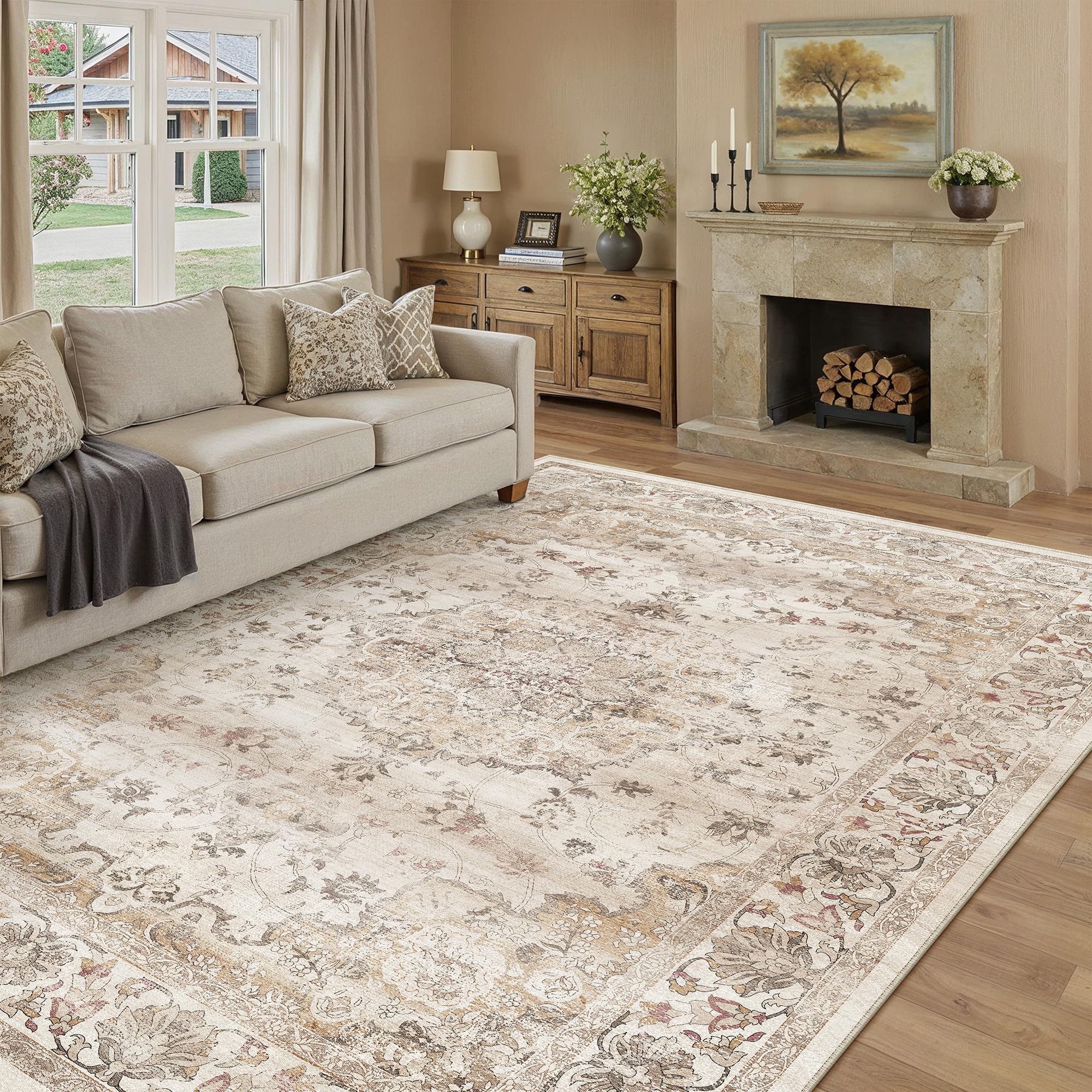 PureCozy Beige woonkamertapijt, 200 x 300 cm, machinewasbaar, antislip vintage traditionele grote crème tapijten voor slaapkamer, eetkamer, kantoor, vlekbestendig bedrukt tapijt voor binnen