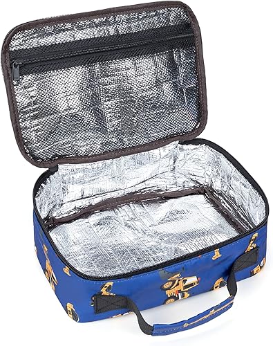 Miniatura 8 de Lonchera para niños y niños, bolsa térmica con aislamiento, kit de bolsa de almuerzo reutilizable para viajes escolares (coche de ingeniería, azul)