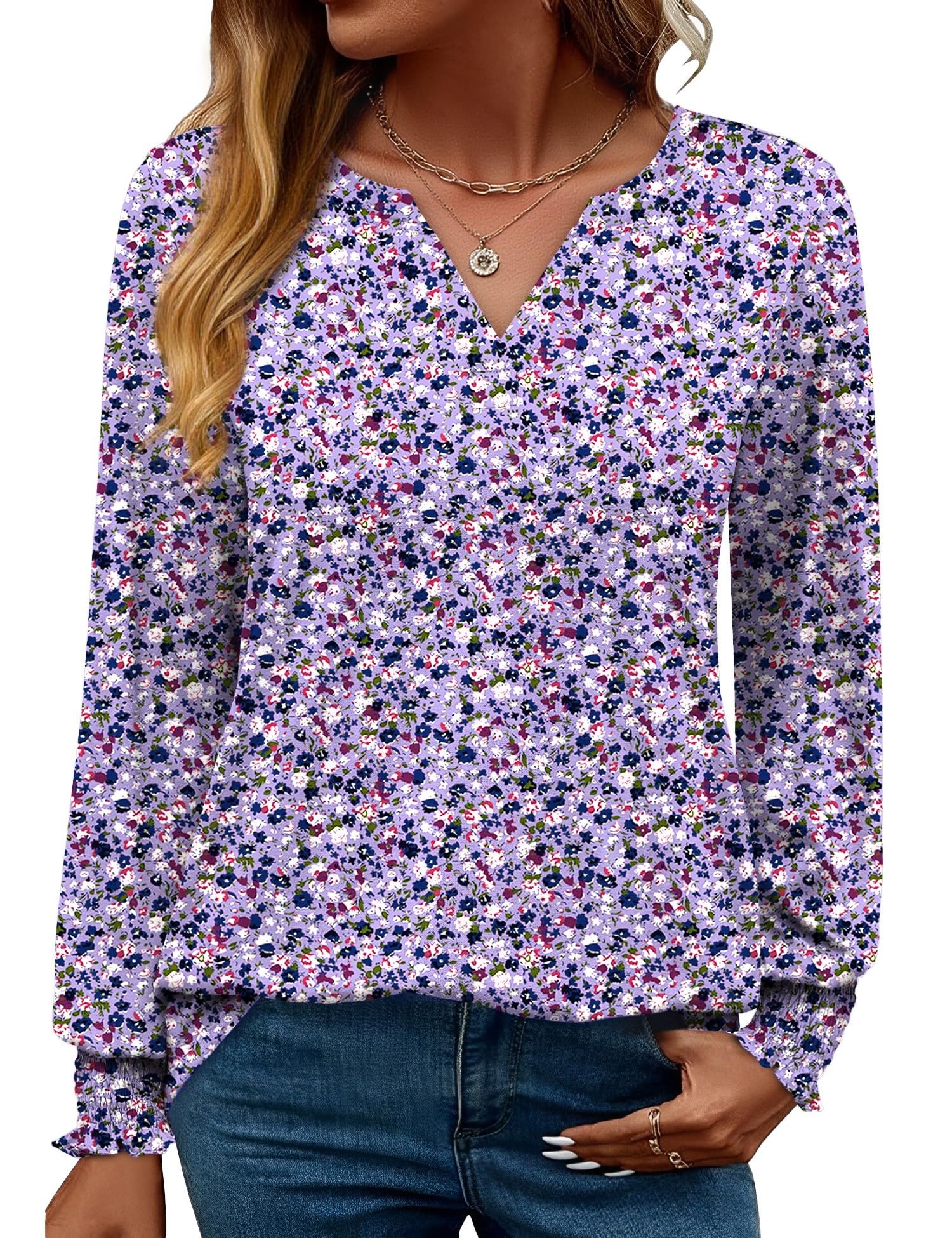 Rapbin Damen Bluse Langarm Tops Elegant Locker V-Ausschnitt Oberteile Shirt Casual Herbst Tunika