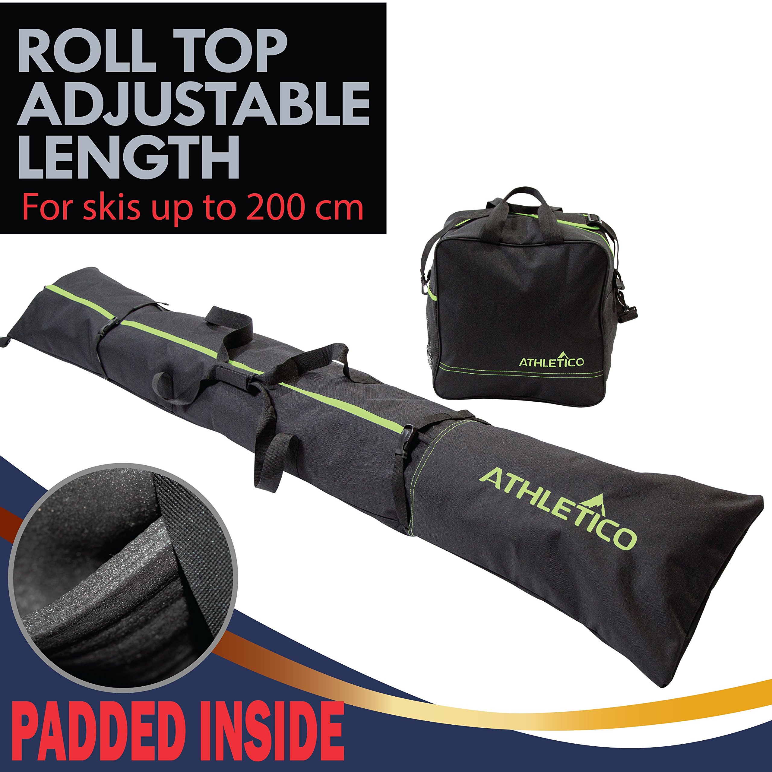 Athletico Gepolsterte Ski- und Skischuhtasche zum Verstauen und Transportieren von Skischuhen bis 200 cm und Skischuhe bis Größe 49 inkl. 1 gepolsterte Tasche und 1 gepolsterte Skischuhtasche