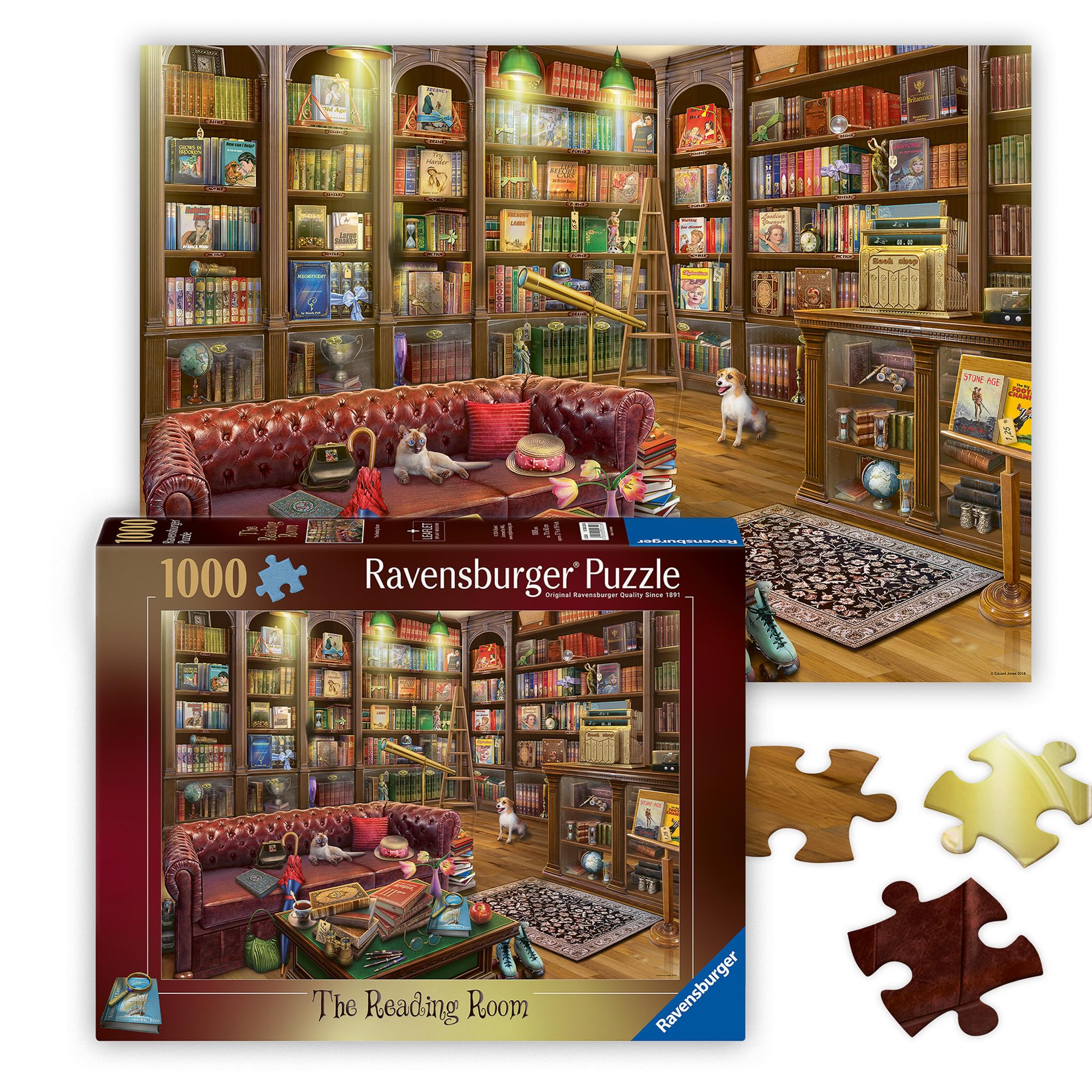 RavensburgerThe Reading Room - 1000 Piece Jigsaw Puzzle - Stunning, Vivid Colors - Books, Knick-Knacks & Overstuffed Chairs - Peaceful Library Scene - Puzzles for Adults