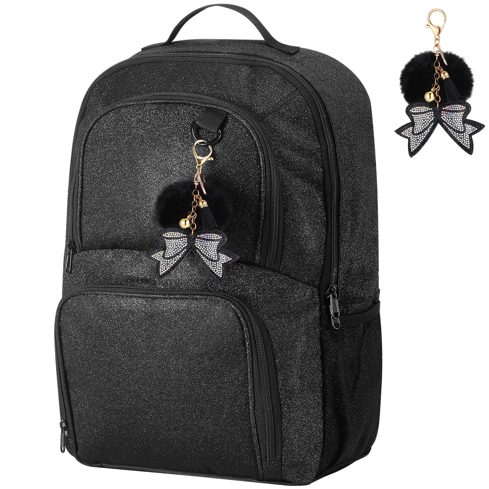 Cheer Backpack Bags with Bow Keychain,Multi Pockets,Black,Large