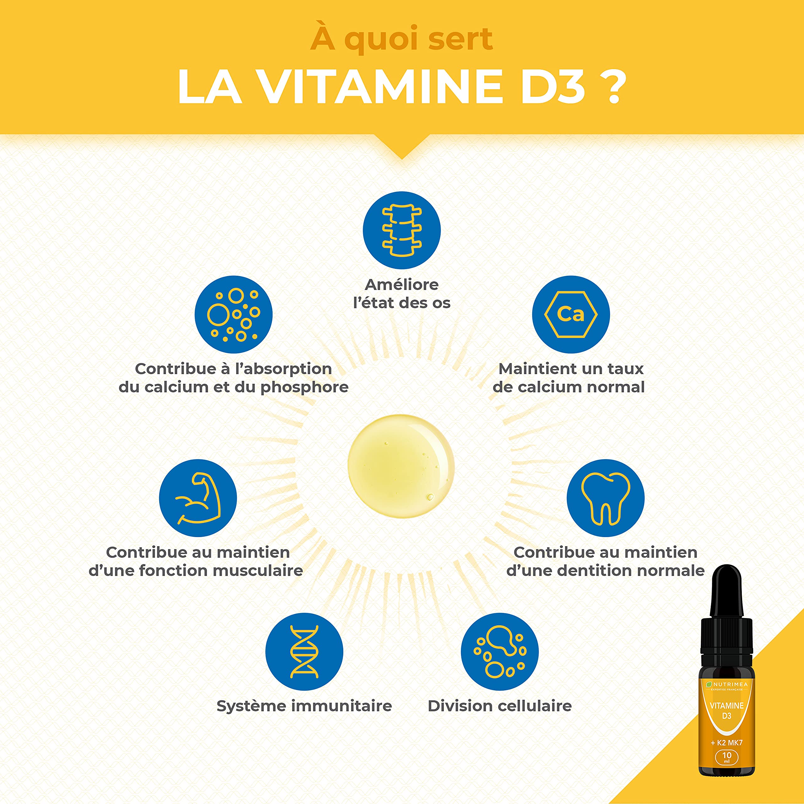 Gouttes de vitamine D3 K2 Nutrimea dans une cuillère, mettant en évidence la texture huileuse et le compte-gouttes.