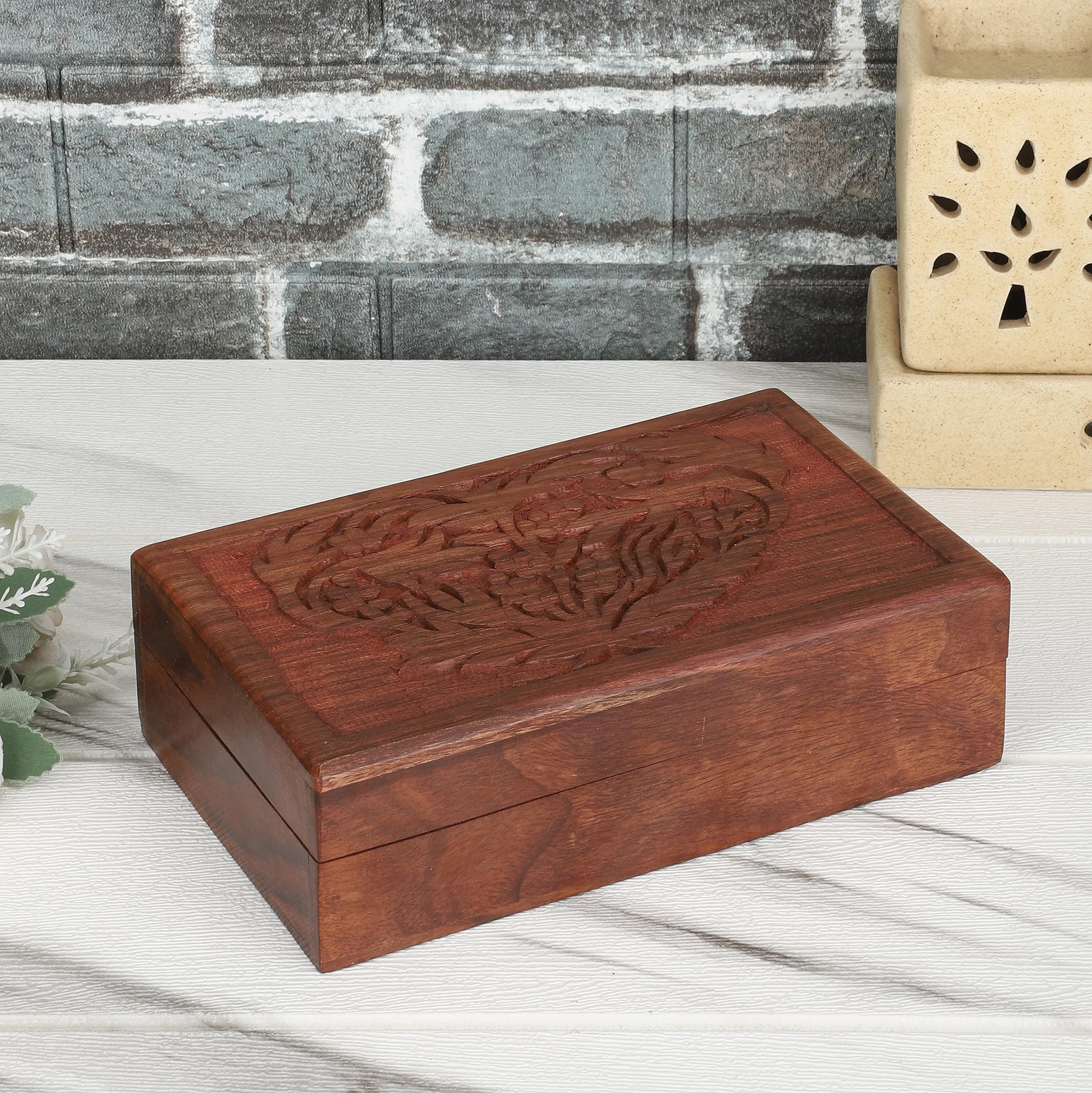 Ajuny Schmuckschatulle aus Holz Handgeschnitzt Dekorativ mit Blumen und Blatt Design Mehrzweck Schatztruhe Organizer Reise Andenken Schmuckhalter Uhrenbox Geschenke 20.3 x 12.7 cm