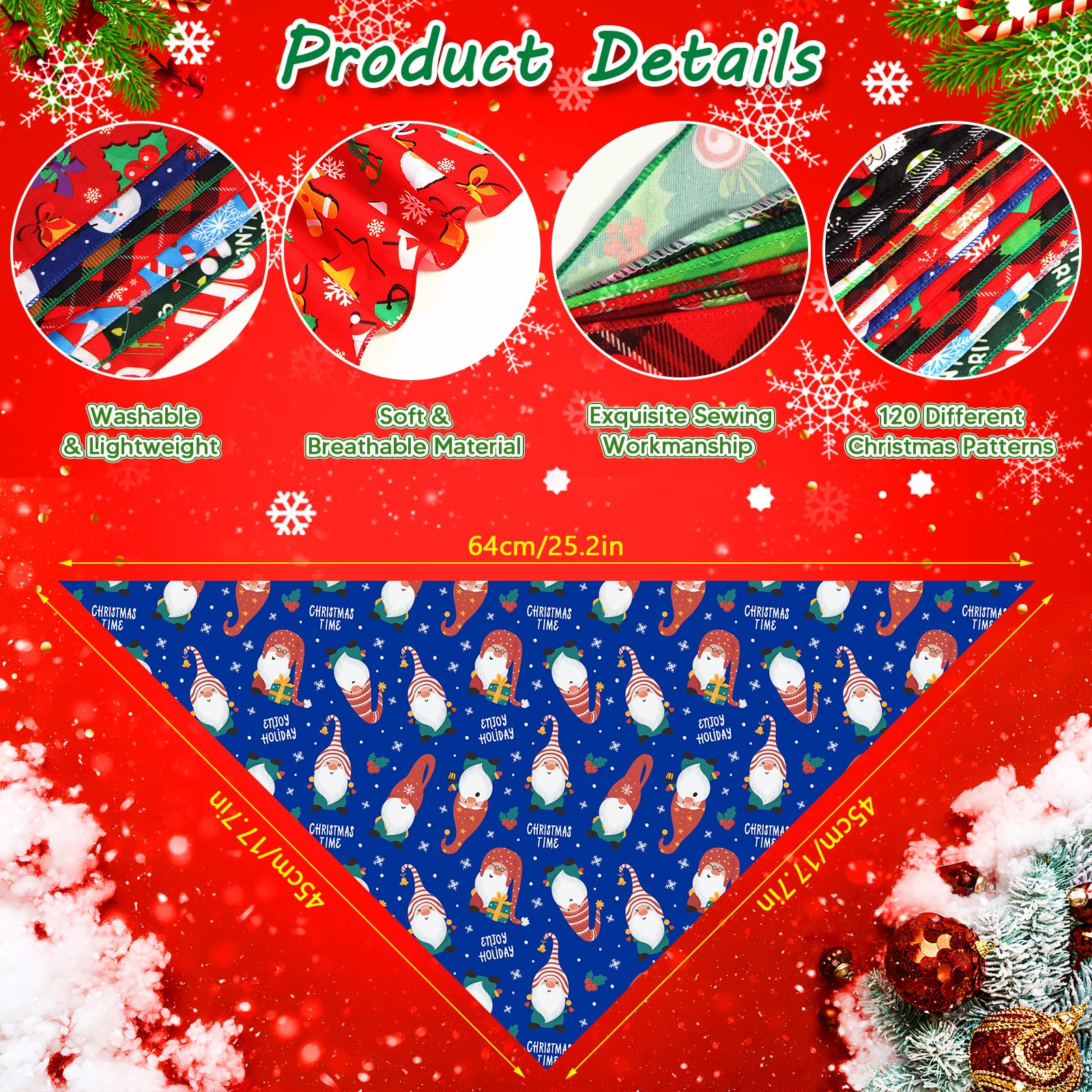 120 bandanas de Navidad para perros, bufandas triangulares ajustables para perros, baberos de Navidad, pañuelos para cachorros, pañuelos lavables para mascotas, bandana para fiestas de Navidad,