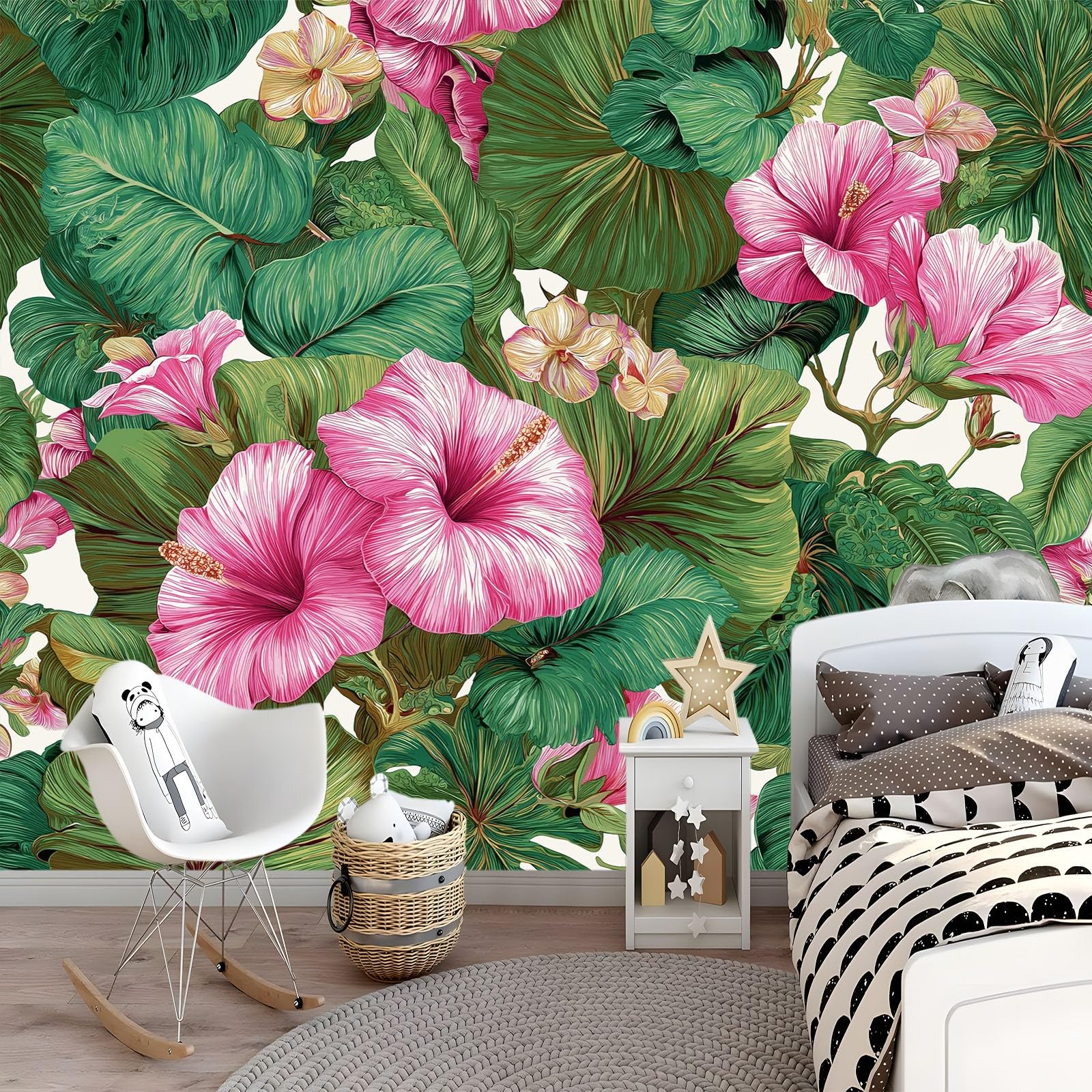 Fototapeta Retro Hibiskus Liście Egzotyczne Kwiaty 200 x 140 cm - Tapeta z włókniny (TNT) efekt 3D, dekoracyjna fototapeta do salonu, sypialni i jadalni - zielona
