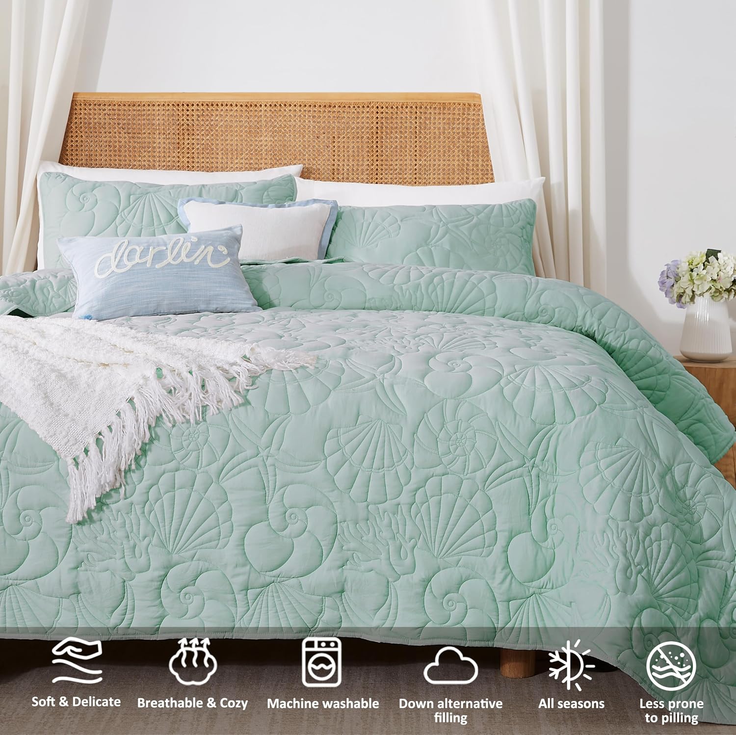 WDCOZY Coastal Beach Queen Size Quilt Bedding Sets, Seafoam Green Nautical Tropical Ocean Bedspread, Scallop Seashell Soft Coverlet, Lightweight Summer Thin Comforter for All Season