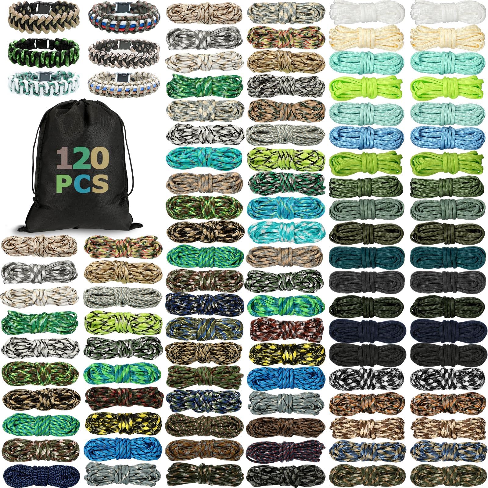 Riakrum 120 Pcs Paracord Rope 550 10 Feet Multifunction Paracord Cord Parachute DIY Bracelets Making Kit with Drawstring Bag for Valentine Making Lanyard Dog Collar Gift(Classic Colors)