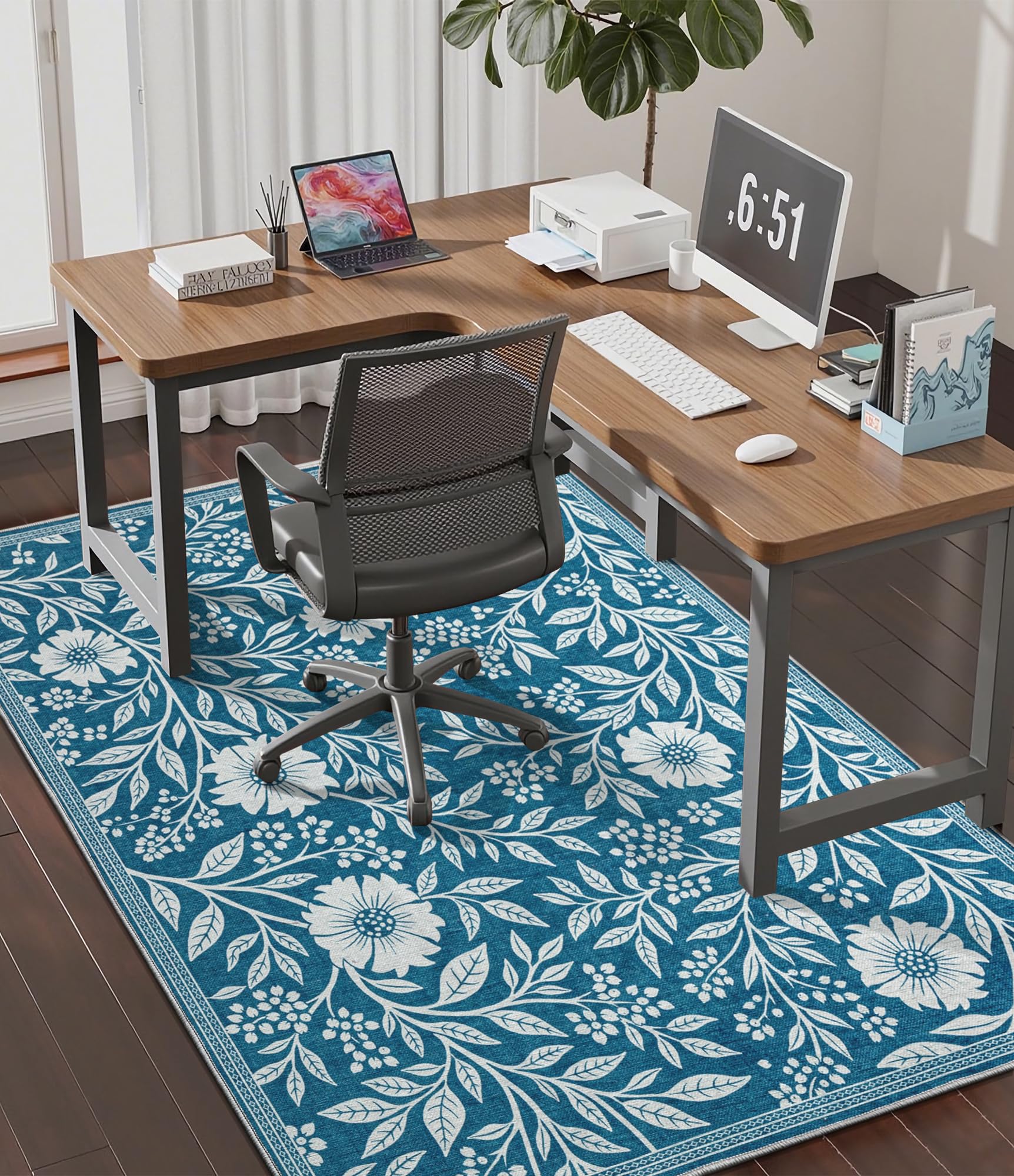 chakme Office Chair Mat for Hardwood Floor, 60"x45" Easy Glide Computer Desk Mat Protector for Rolling Chair Under Desk Rug Nonslip Backing, Machine Wash, (Blue Flowers)