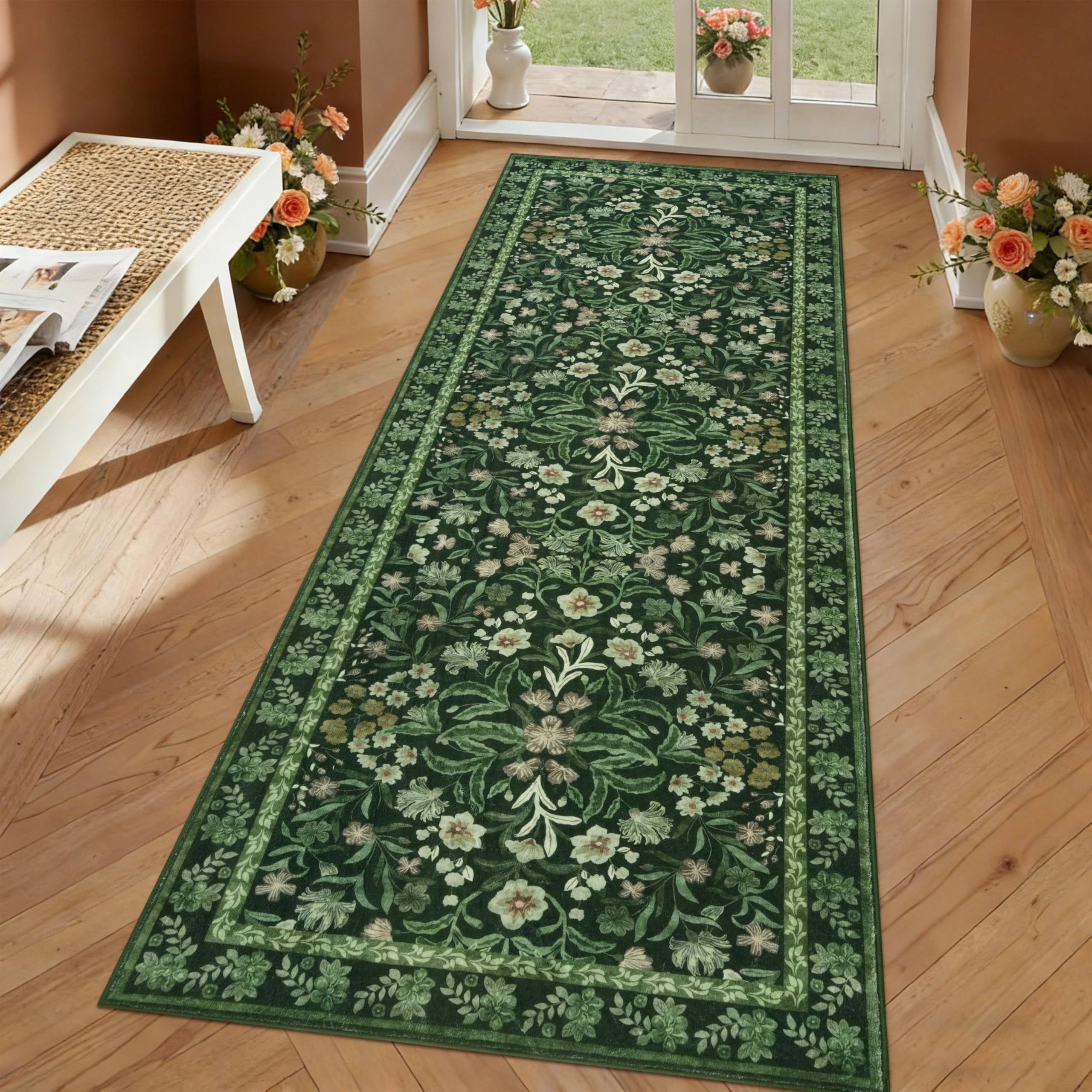 Edlbaegy Carpet Runners for Hallways Washable Floral Hallway Runner Rug Green 65x180cm Boho Non-slip Kitchen Runner Floor Mat Low Pile Floor Carpet for Entrance Laundry Bedroom