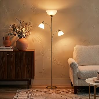 Brightech Sky Dome Double LED Floor lamp, Torchiere Super Bright Floor Lamp with 2 Reading Lamps for Living Rooms & Offices - Dimmable Tall Standing Lamp for Bedroom Reading - Tall Brass Pole