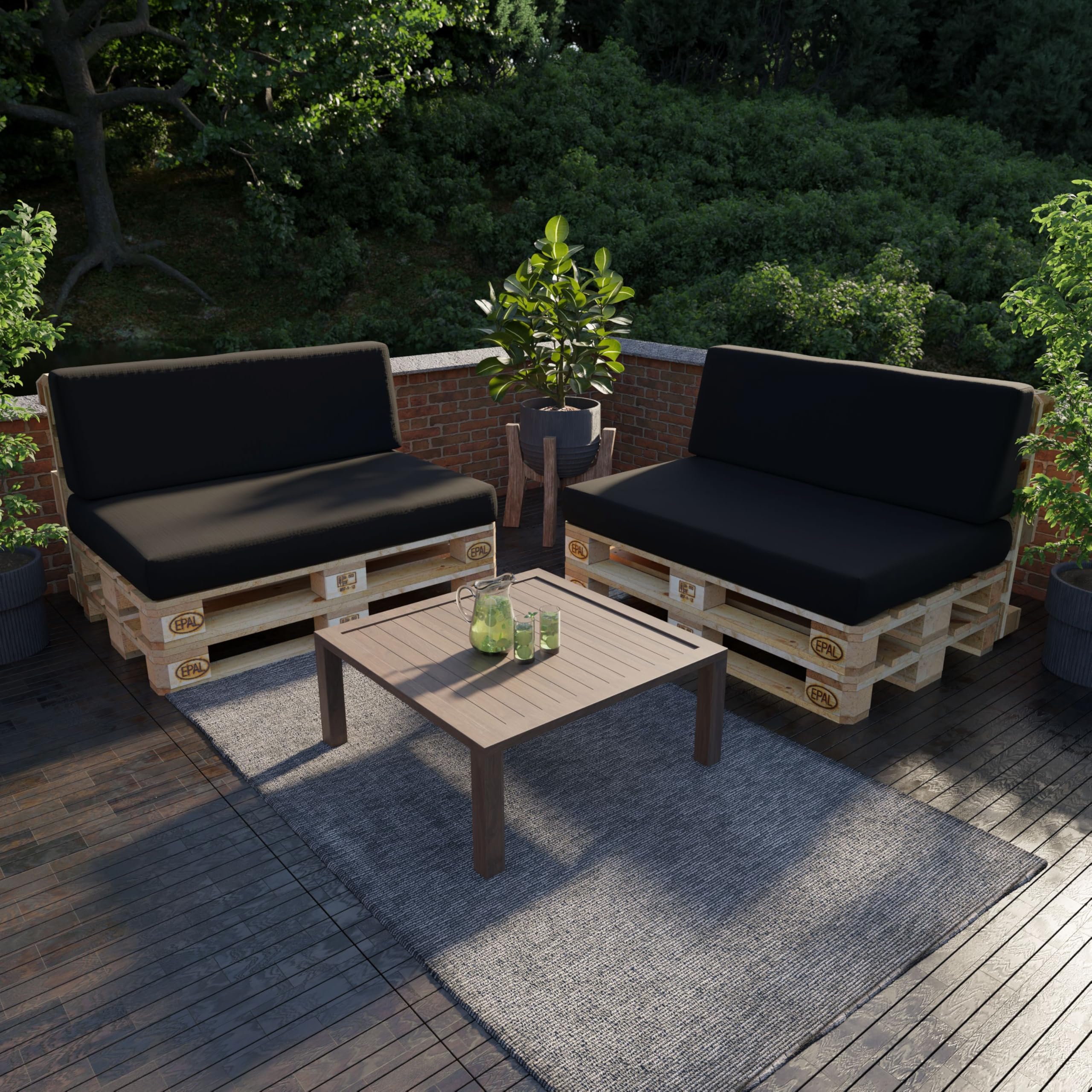 POKAR 2 Cojines para Europalés/Europalet Resistente al Agua: 1x Cojín-Asiento 120x80x12cm +1x Cojín-Respaldo 120x40x12cm, Espuma Fría, para Sofá de Paletas, sin Palés, Negro