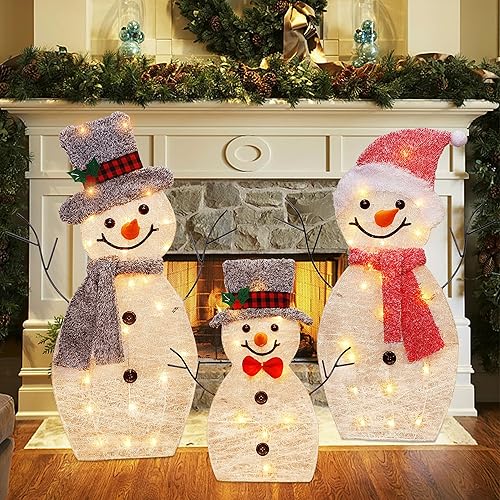 Miniatura 6 de ATDAWN Familia de muñeco de nieve iluminado, 60 luces preiluminadas, muñeco de nieve plegable de Navidad, decoración al aire libre, muñeco de nieve